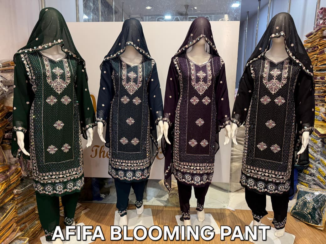 FM Afifa Pant Kurti With Swarovski Work In Blooming Georgette Top With Bottom and Dupatta