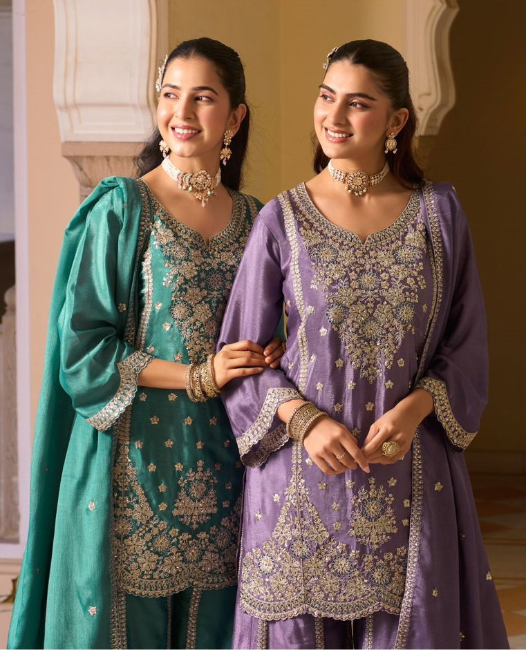 Sanika Pehar Chinon Silk Embroidery Top Plazzo With Dupatta