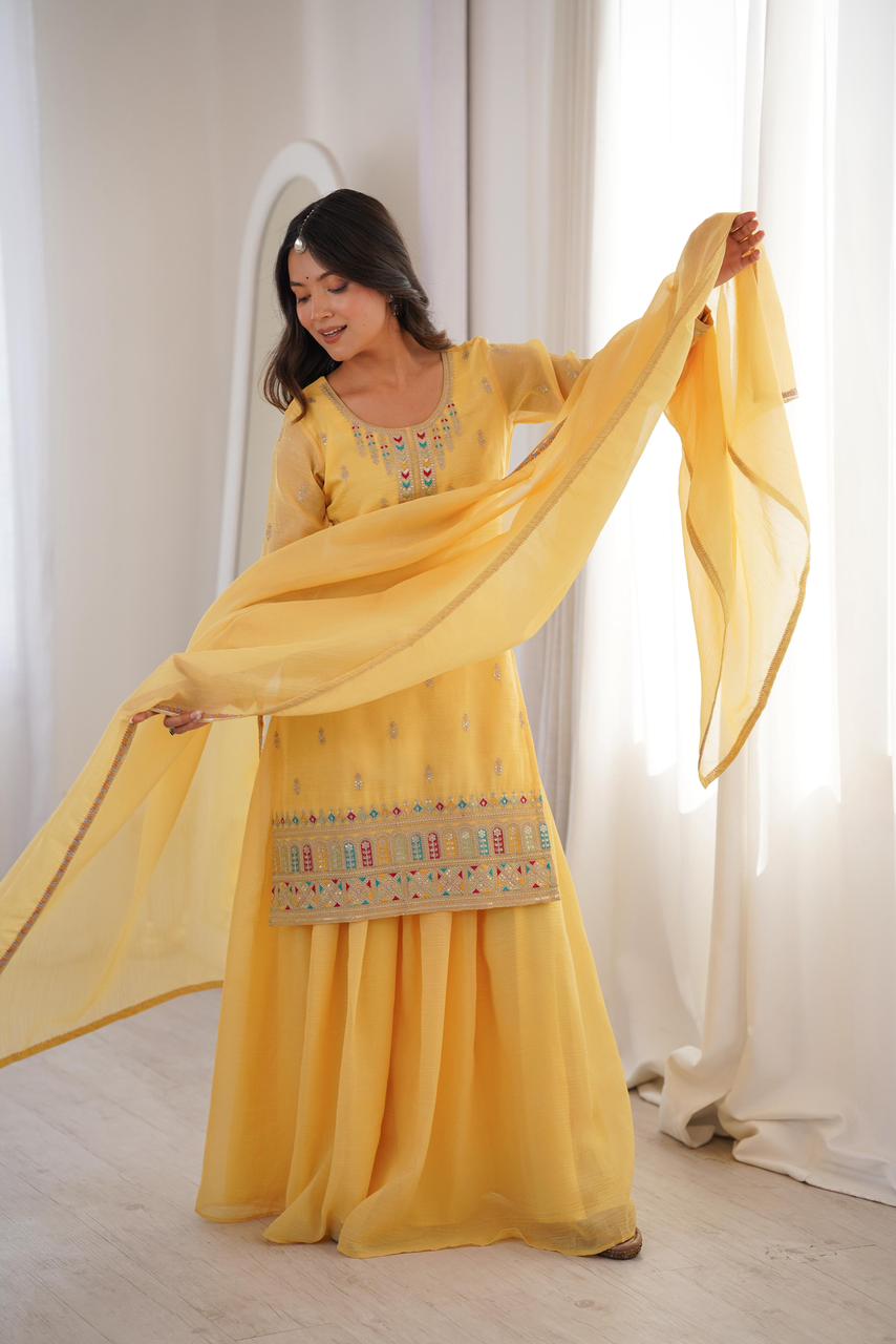 NCO 26 HNK Soft Crunchy Silk Embroidery Sequins Work Top Sharara With Dupatta