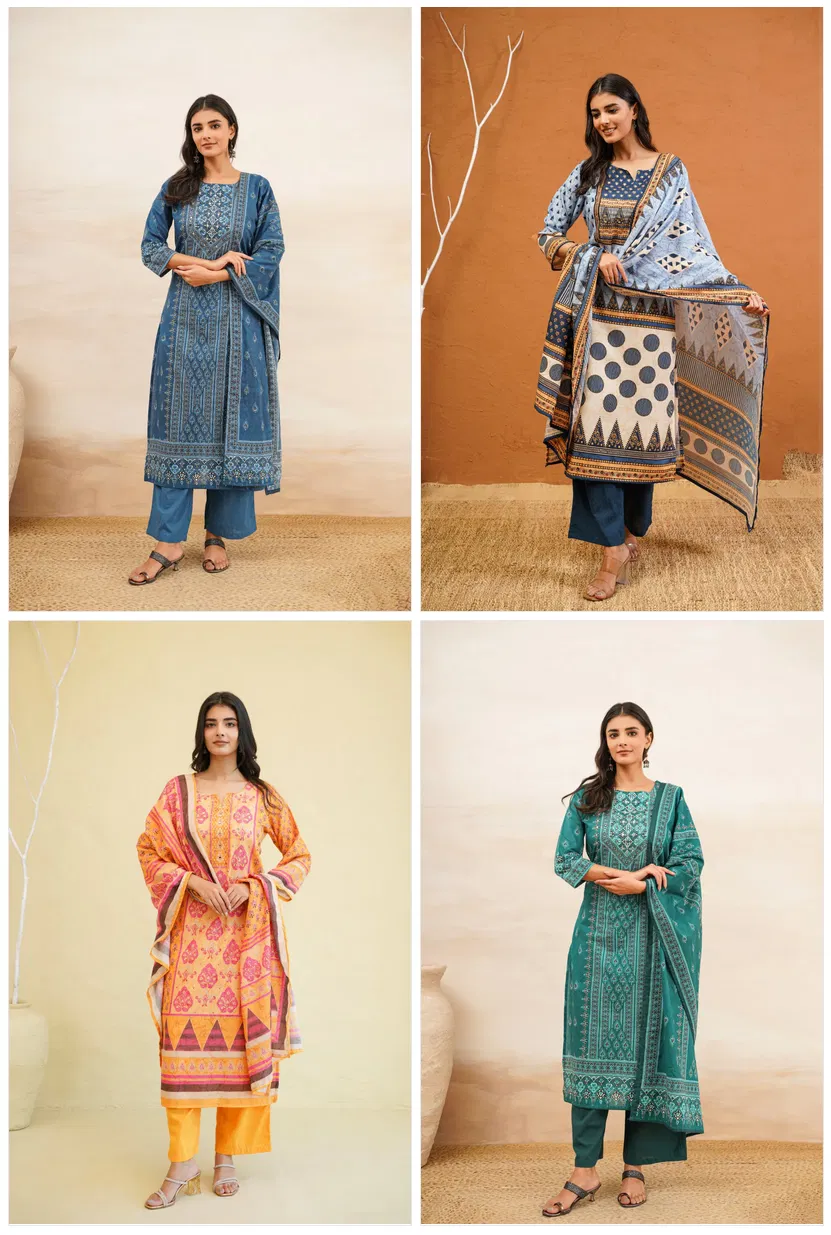 Naisha K 707 Cotton Festival Wear Kurti Pant And Dupatta Collection