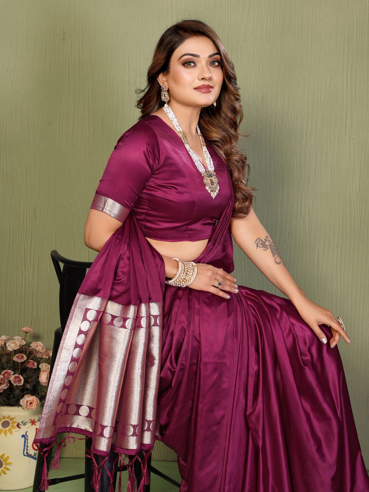 Lekha Vc Swargini Satin Silk Hand Dyed Zari Weaving Pallu Saree