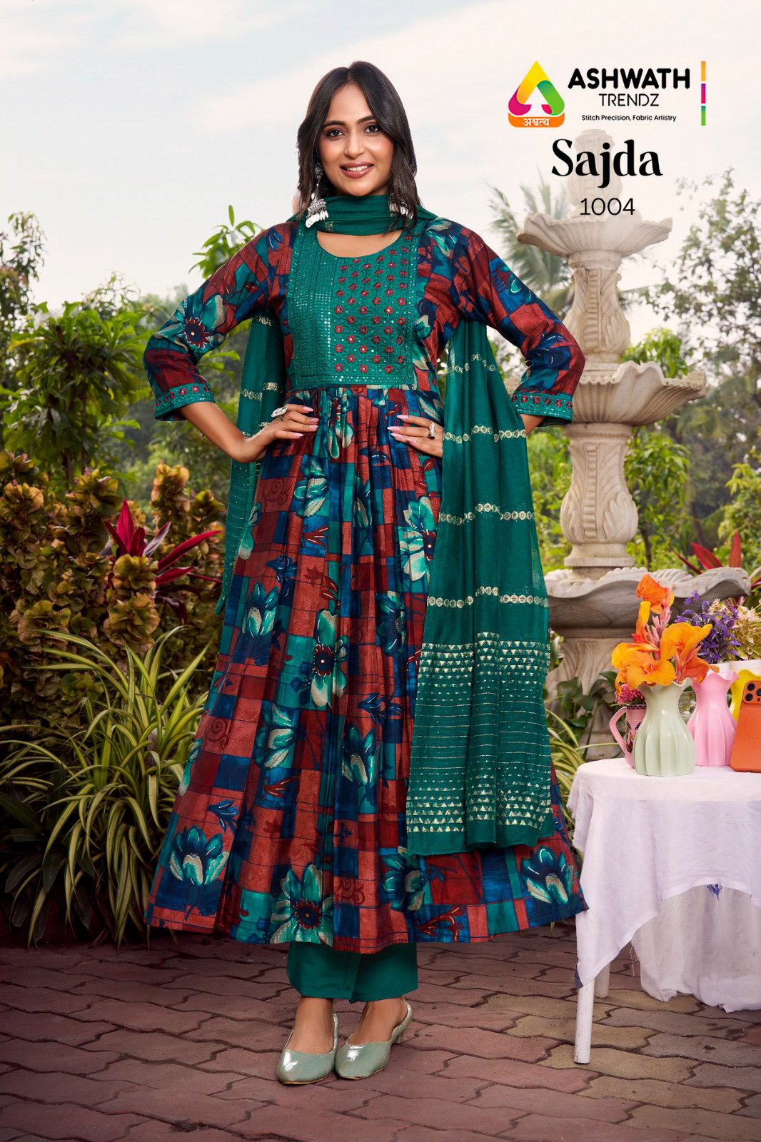 AT Sajda Embroidery Sequence Work Anarkali Kurti With Bottom And Dupatta Collection