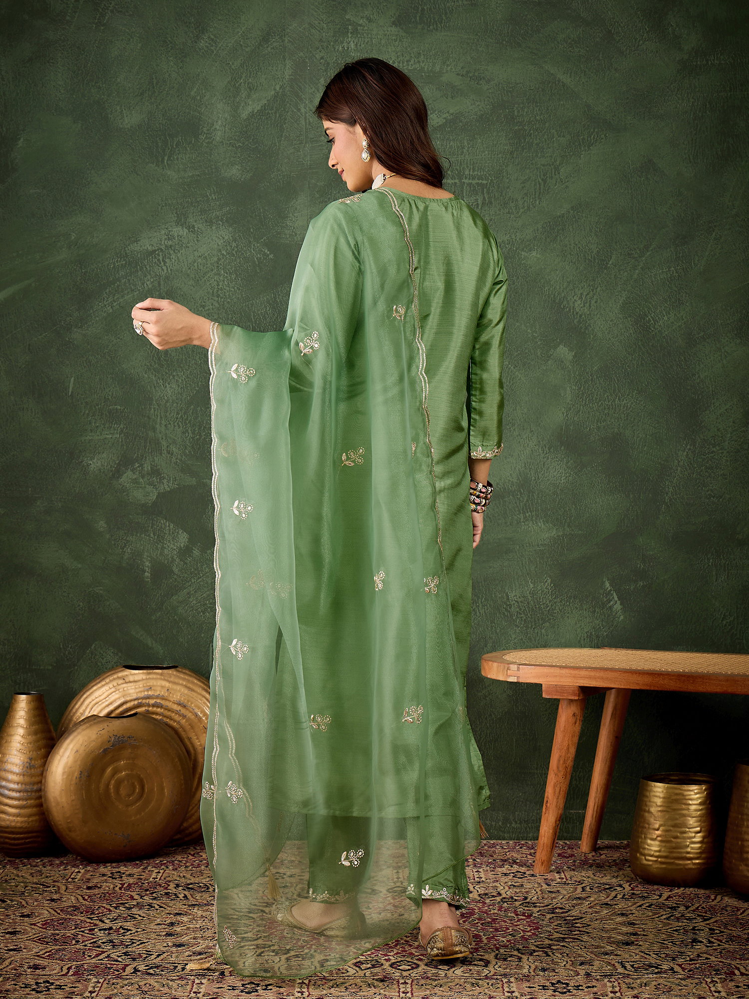 VP 9731 Pista colour Women Kurta and Pant Dupatta Sets Silk Blend Fabrics with Embroidery