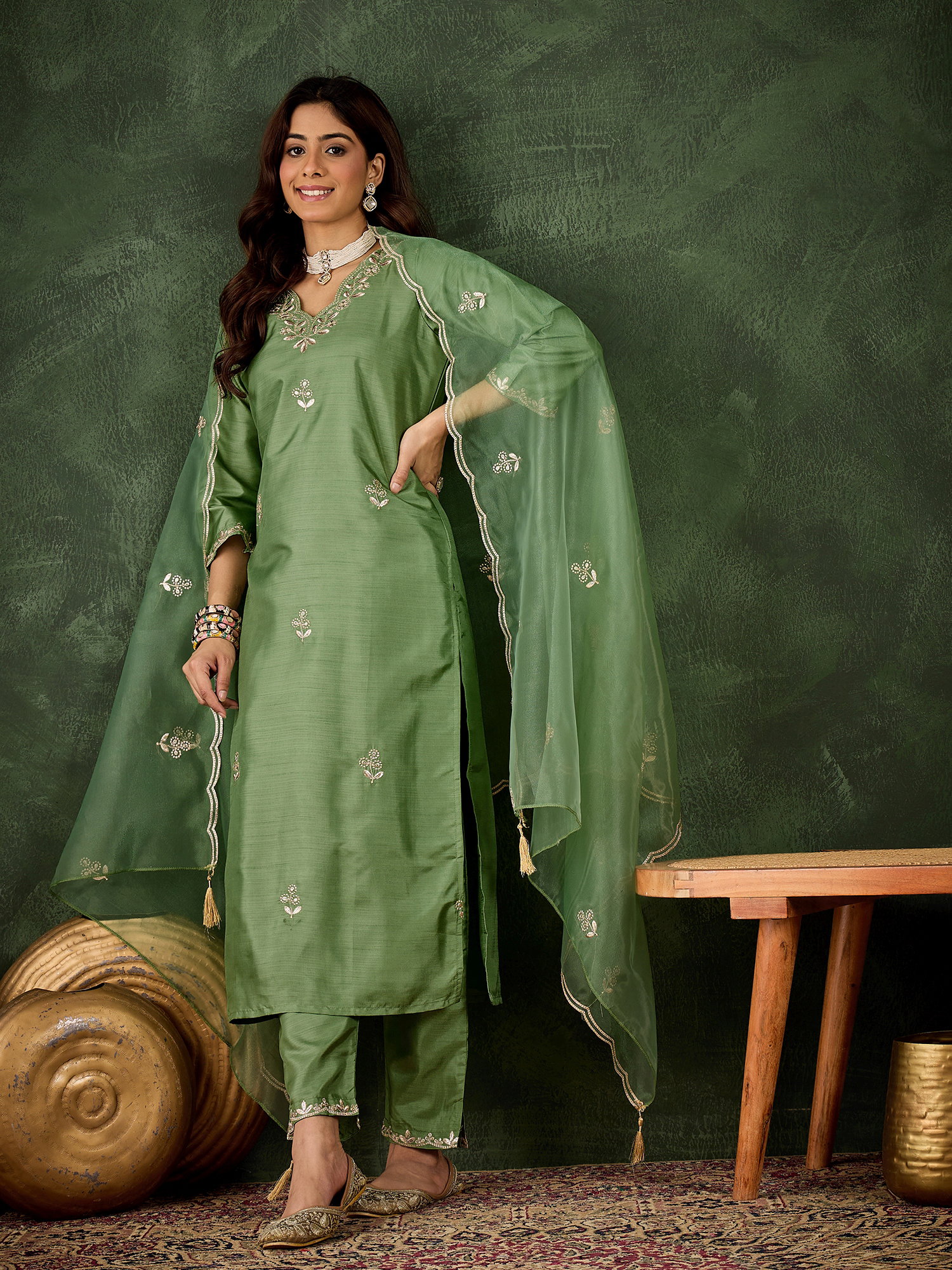 VP 9731 Pista colour Women Kurta and Pant Dupatta Sets Silk Blend Fabrics with Embroidery