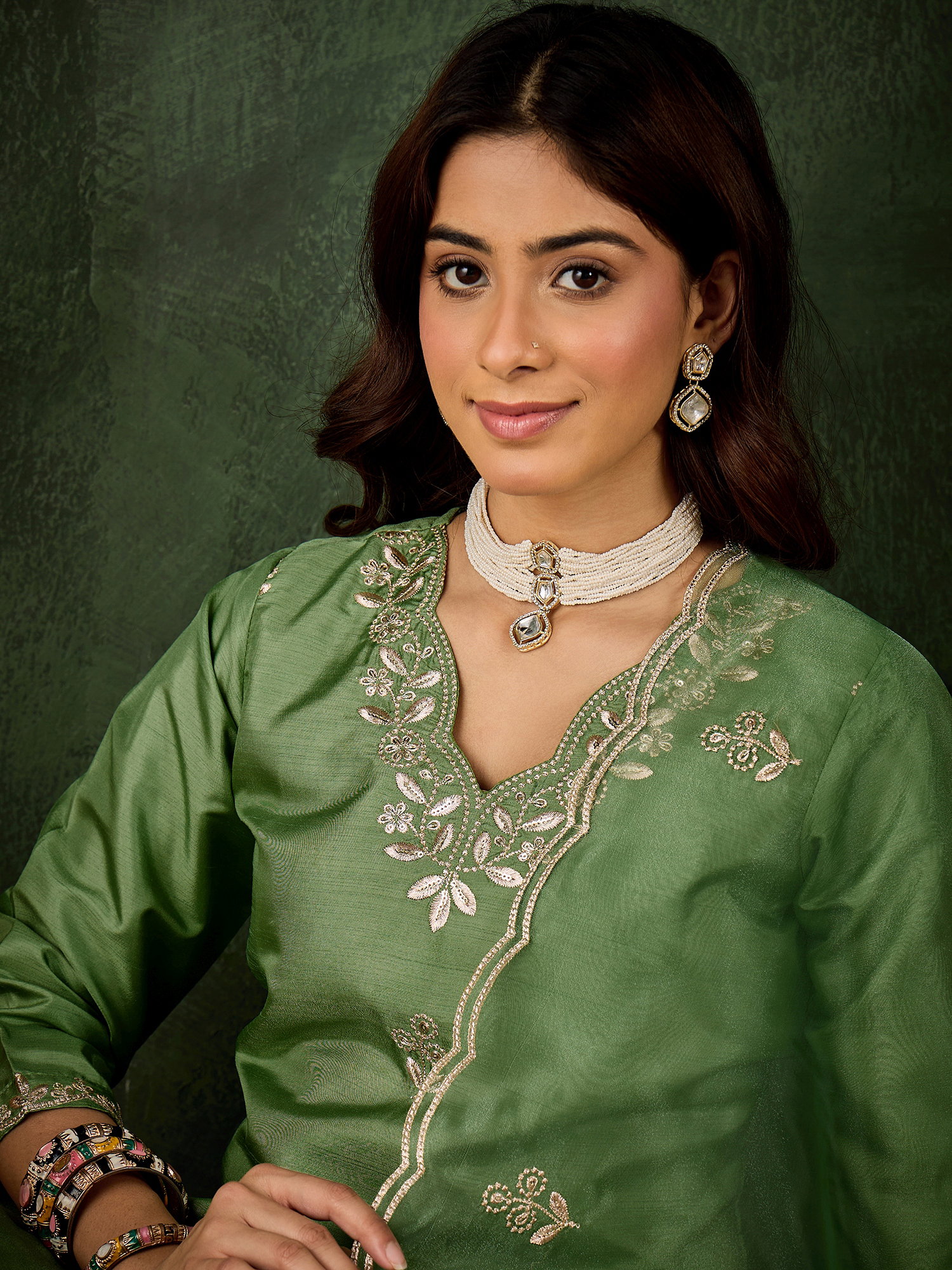 VP 9731 Pista colour Women Kurta and Pant Dupatta Sets Silk Blend Fabrics with Embroidery