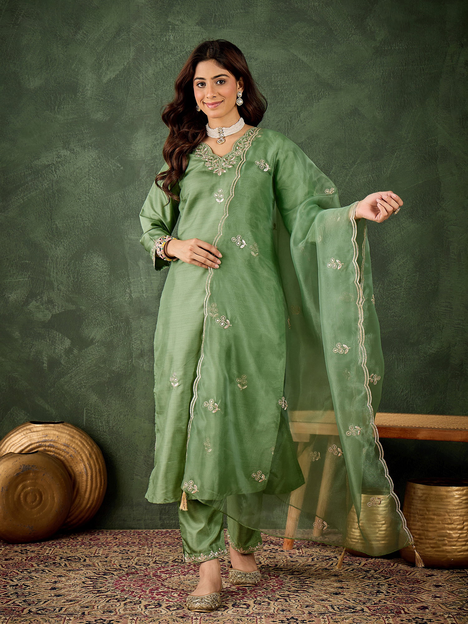 VP 9731 Pista colour Women Kurta and Pant Dupatta Sets Silk Blend Fabrics with Embroidery