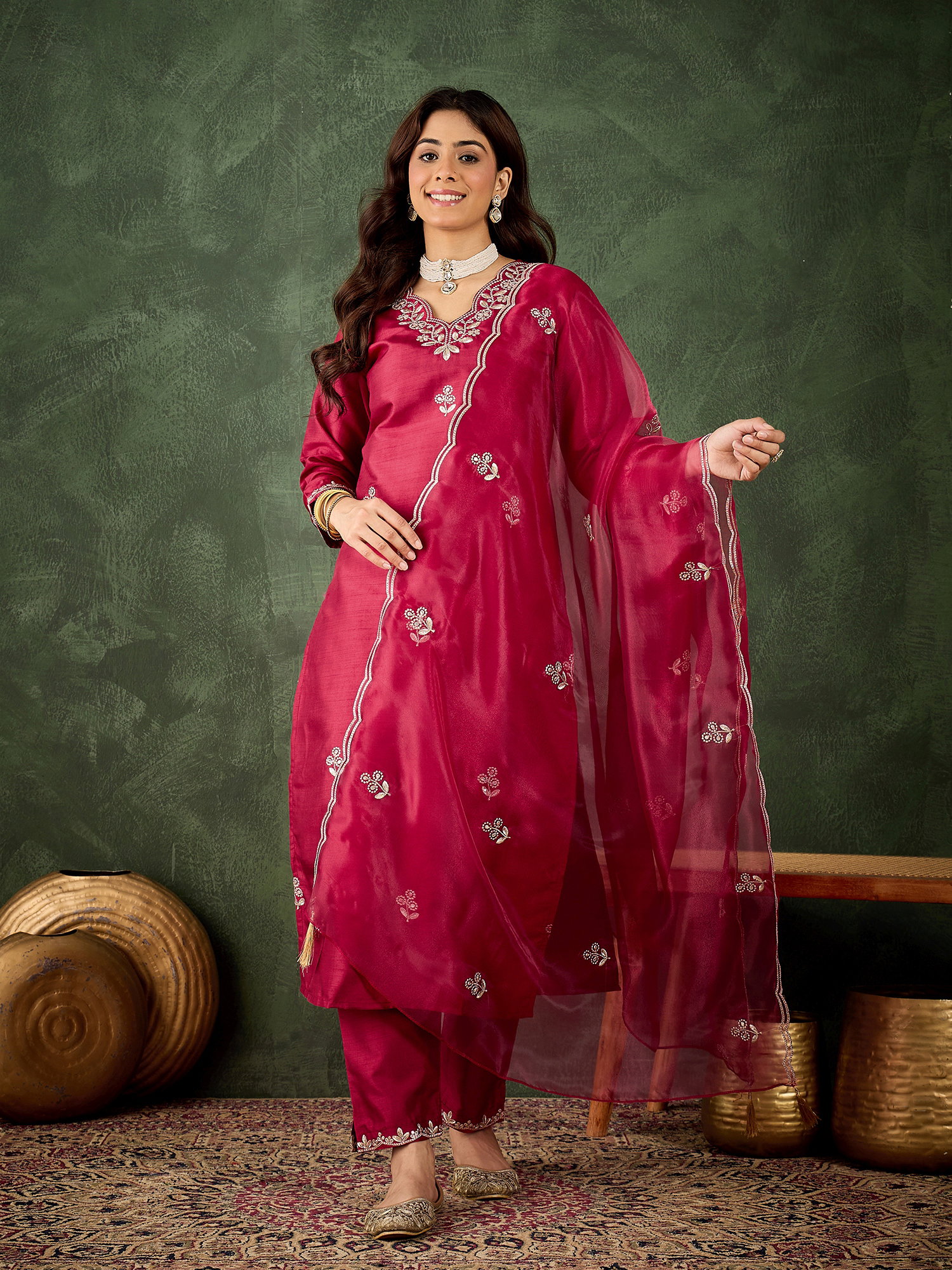 VP 9731 Cherry Red Kurta and Pant Dupatta Sets Silk Blend Fabrics with Embroidery