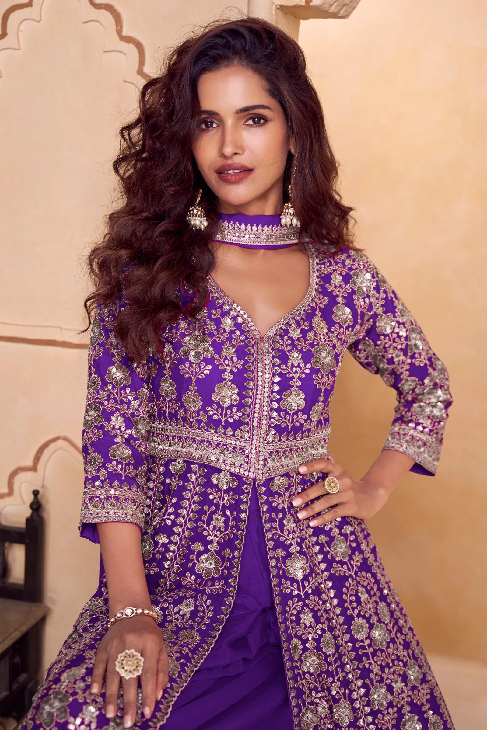 Gulkayra Seerat Chinon With Embroidery Work Top Plazzo And Dupatta