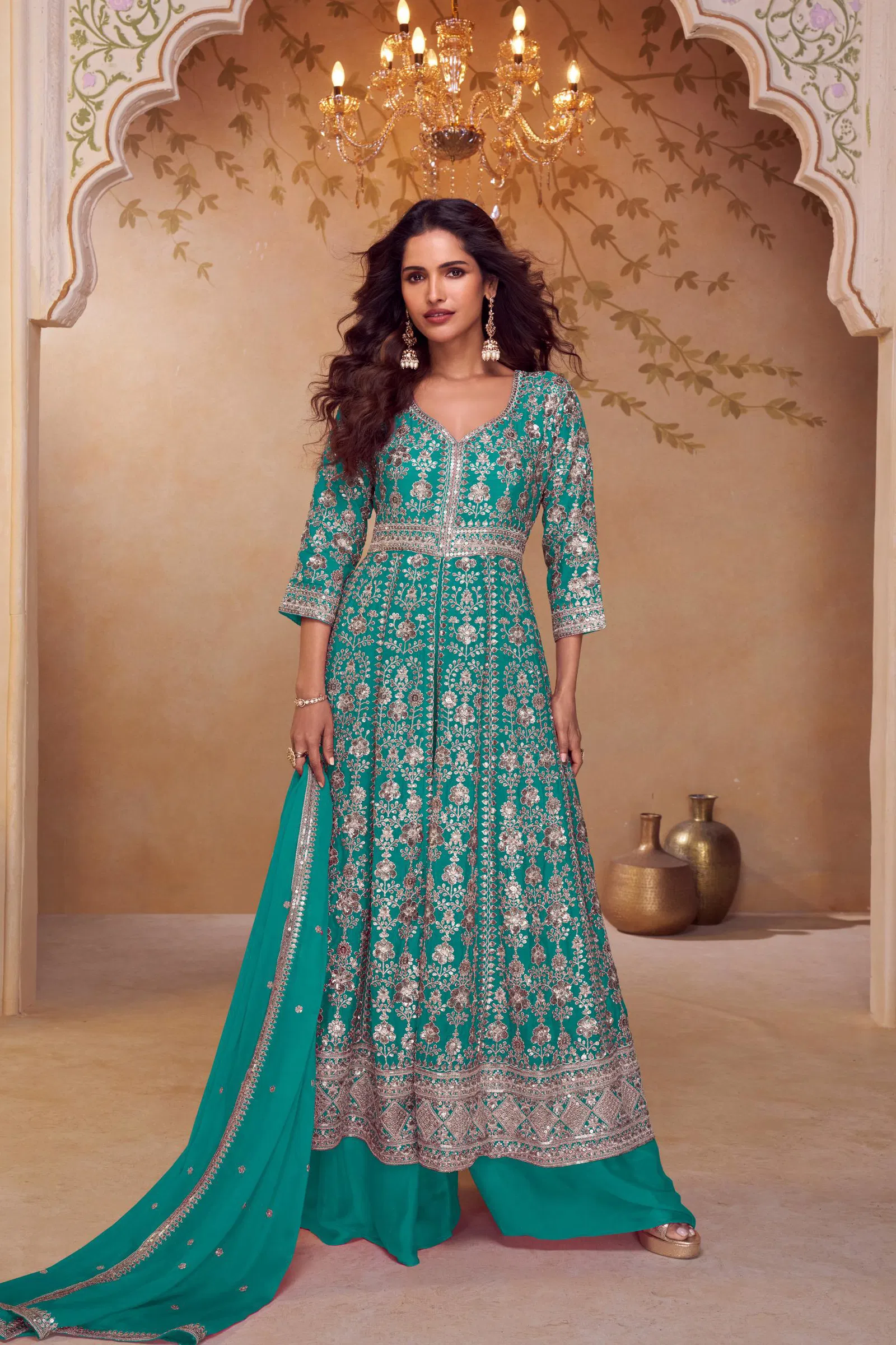 Gulkayra Seerat Chinon With Embroidery Work Top Plazzo And Dupatta