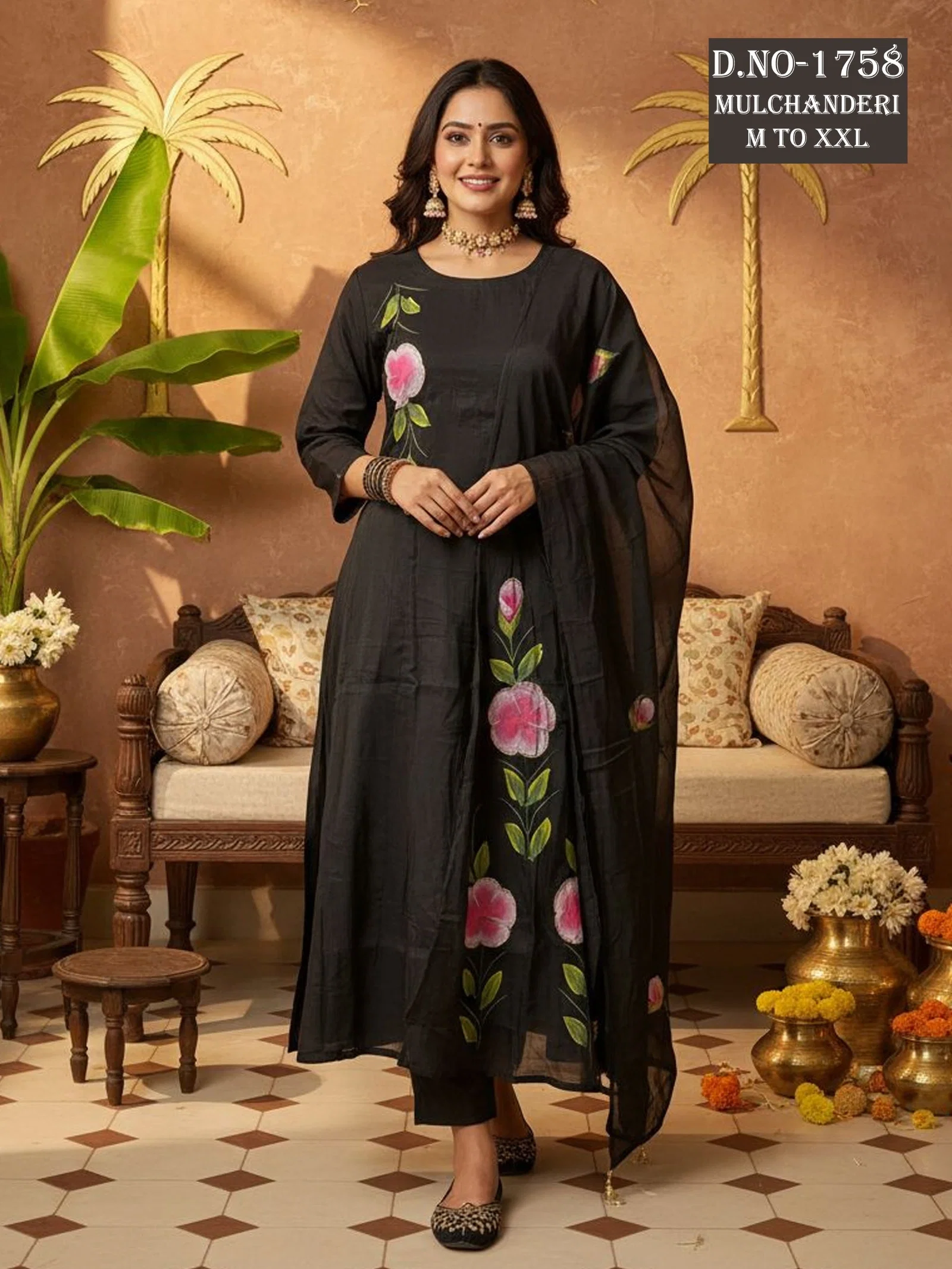 Dnp Aarti 1758 Chanderi Mul Handwork Anarkali Top With Bottom And Dupatta Collection