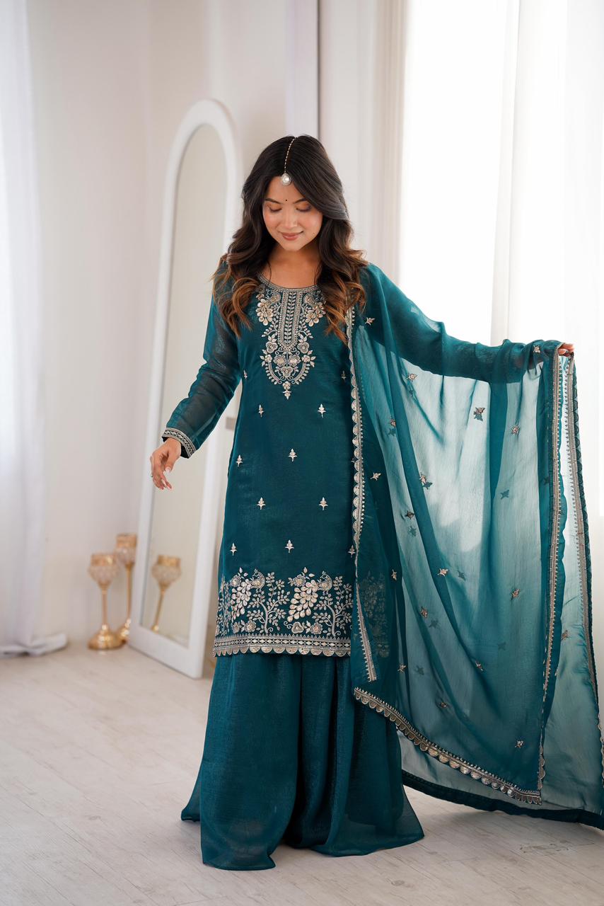 NCO 30 HKBF Crunchy Silk Embroidery Sequins And Zari Work Top Sharara With Dupatta