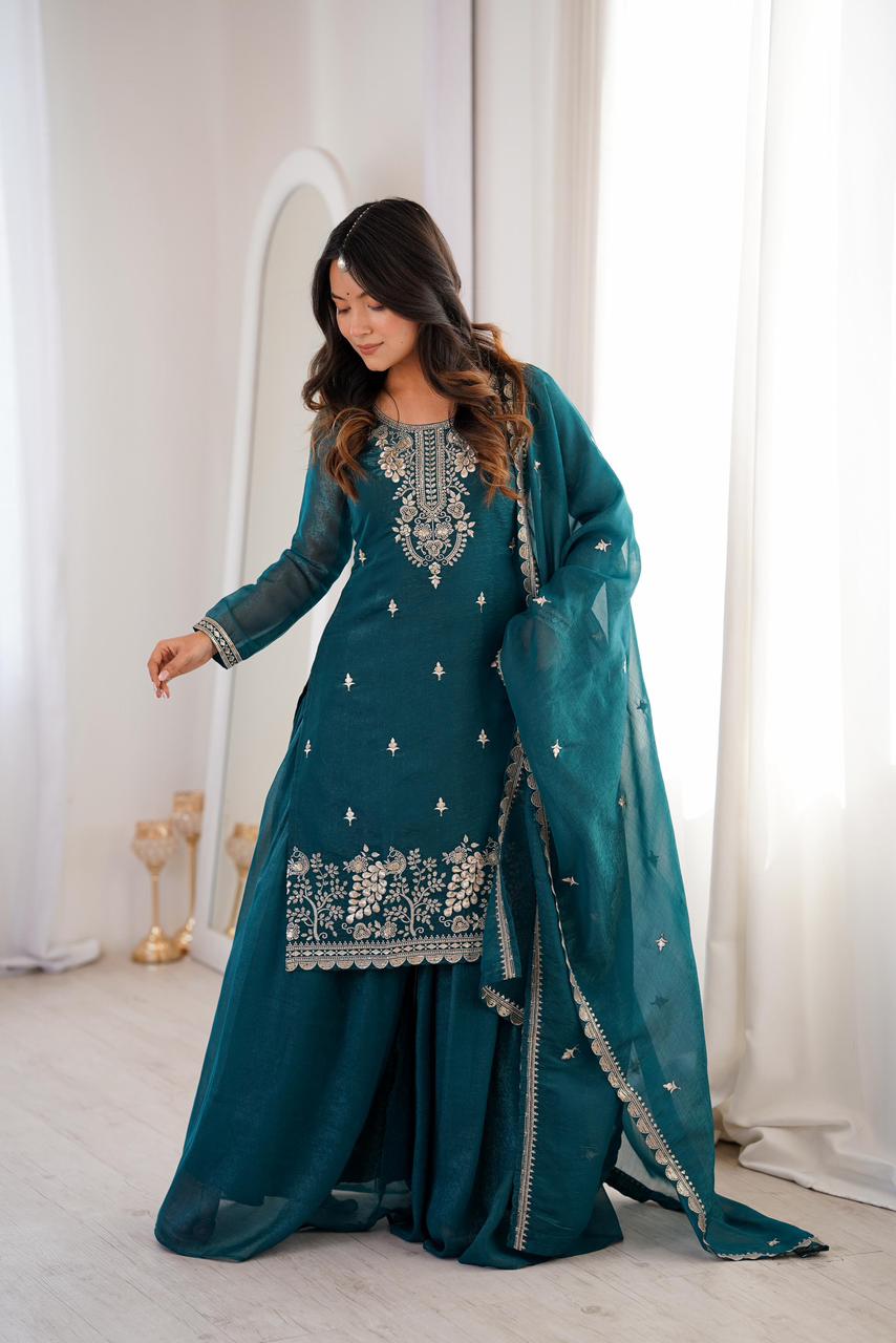 NCO 30 HKBF Crunchy Silk Embroidery Sequins And Zari Work Top Sharara With Dupatta