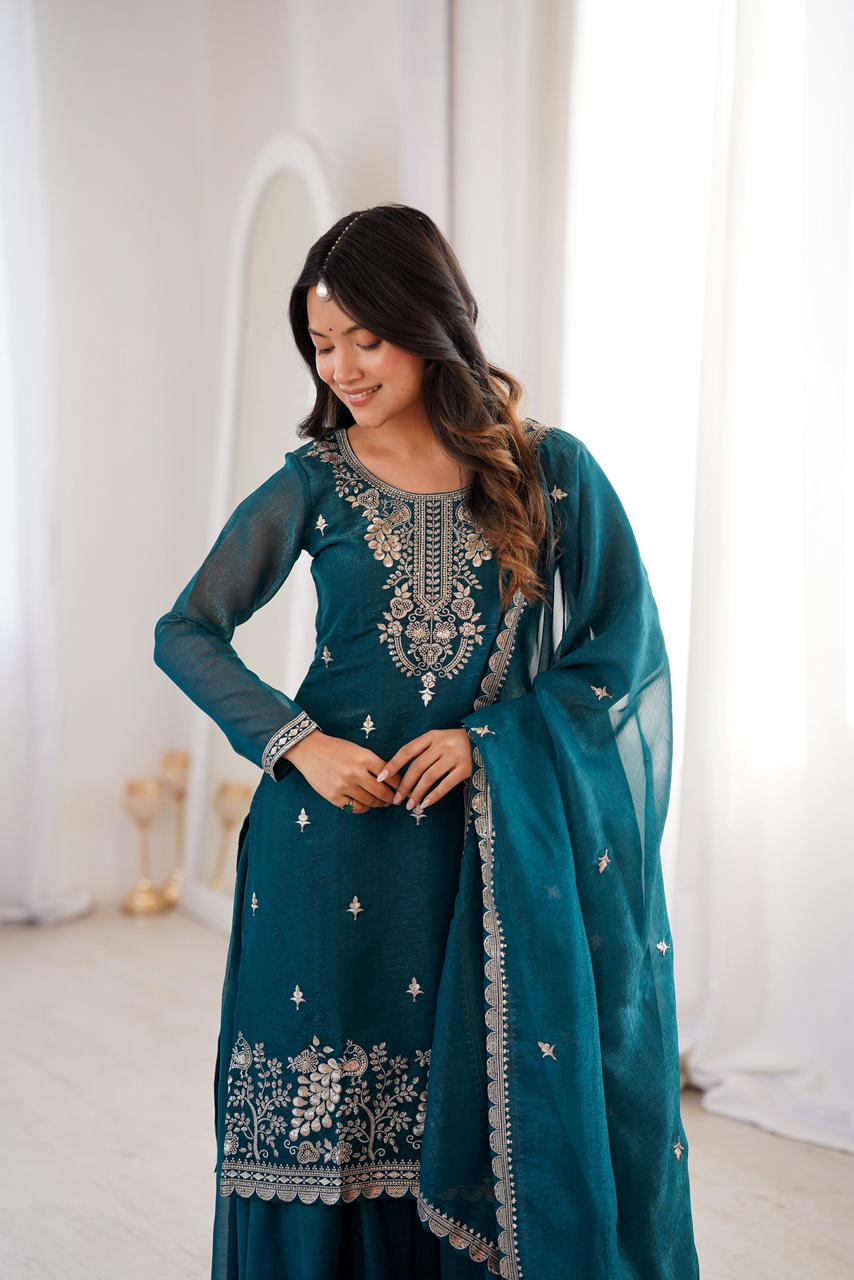 NCO 30 HKBF Crunchy Silk Embroidery Sequins And Zari Work Top Sharara With Dupatta