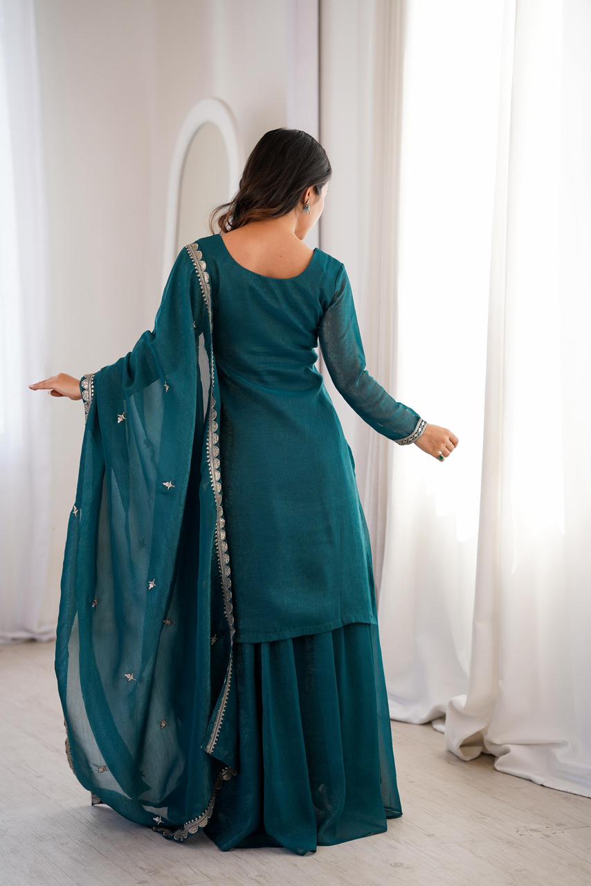 NCO 30 HKBF Crunchy Silk Embroidery Sequins And Zari Work Top Sharara With Dupatta