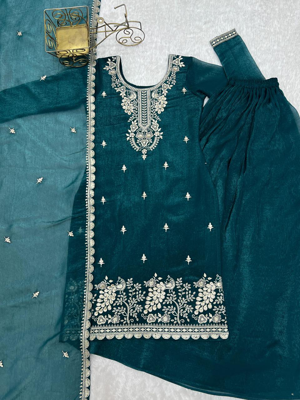 NCO 30 HKBF Crunchy Silk Embroidery Sequins And Zari Work Top Sharara With Dupatta