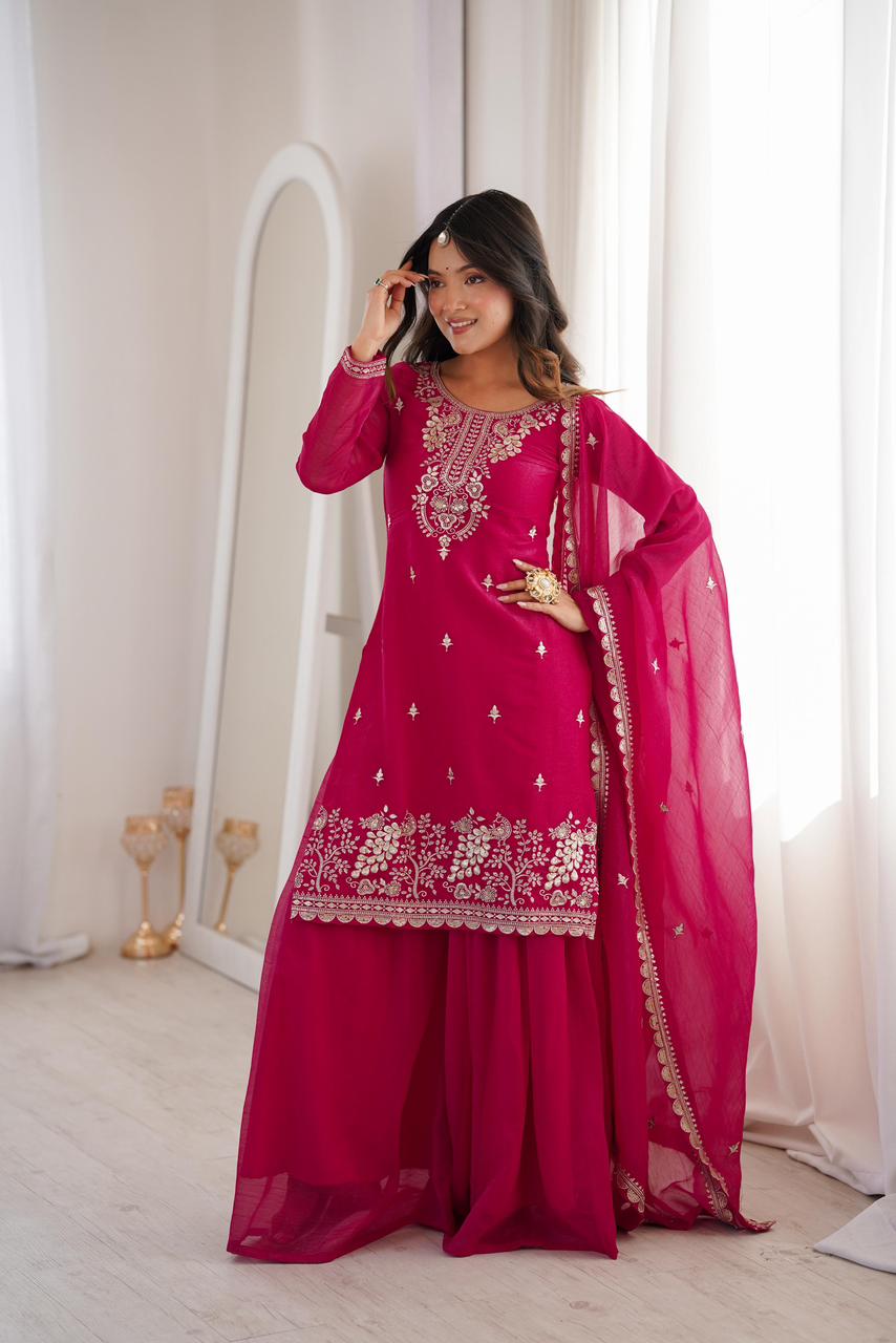 NCO 30 HKBF Crunchy Silk Embroidery Sequins And Zari Work Top Sharara With Dupatta