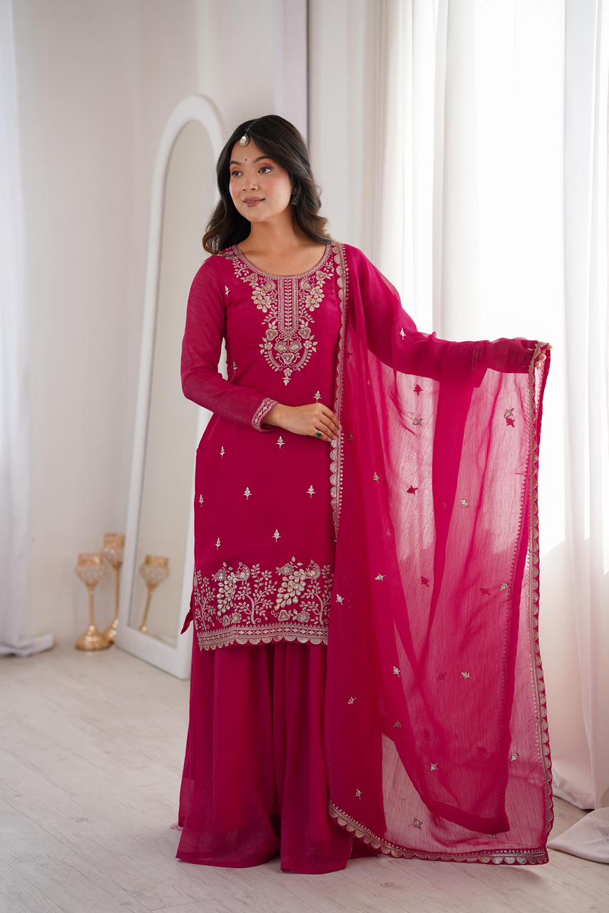 NCO 30 HKBF Crunchy Silk Embroidery Sequins And Zari Work Top Sharara With Dupatta