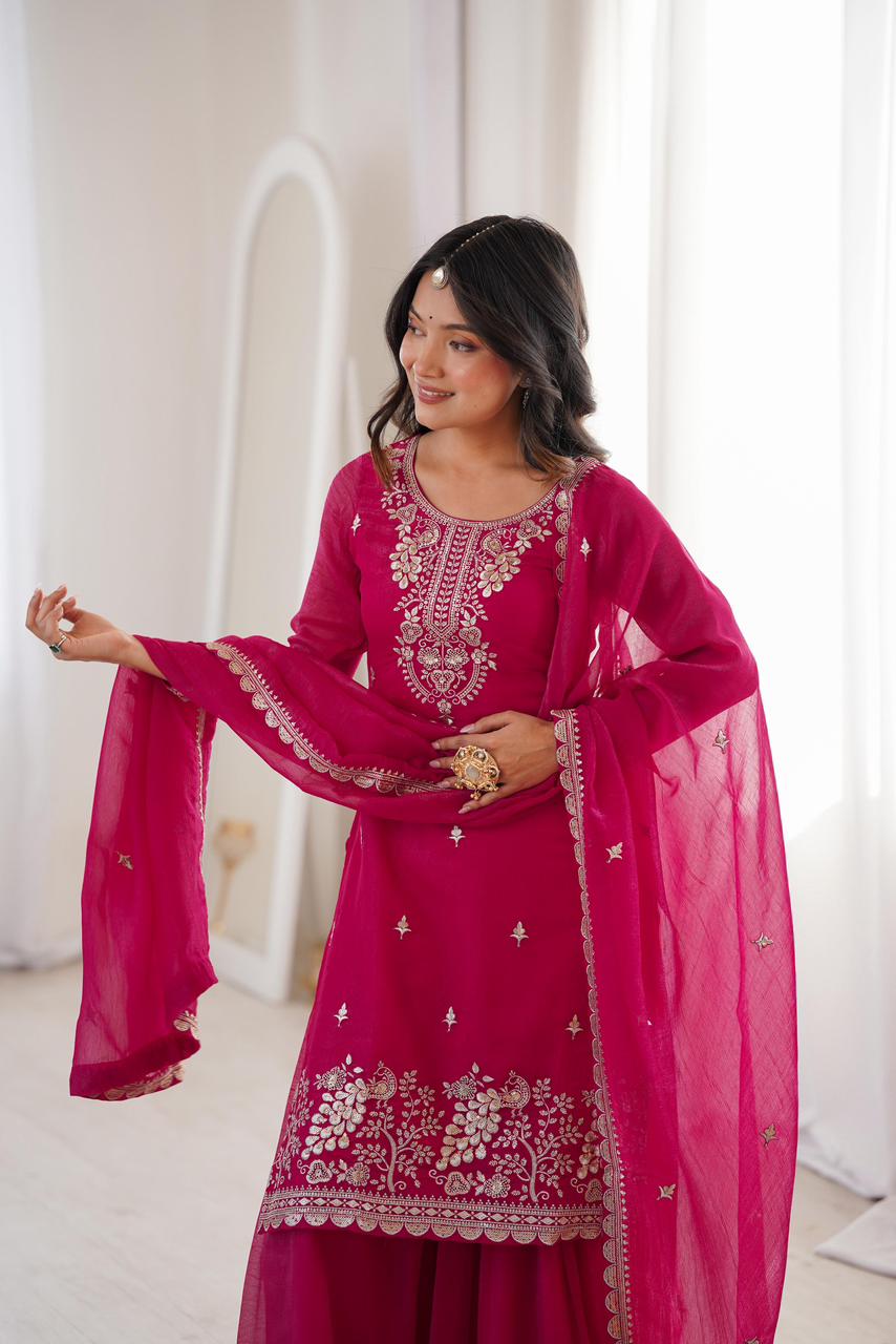 NCO 30 HKBF Crunchy Silk Embroidery Sequins And Zari Work Top Sharara With Dupatta