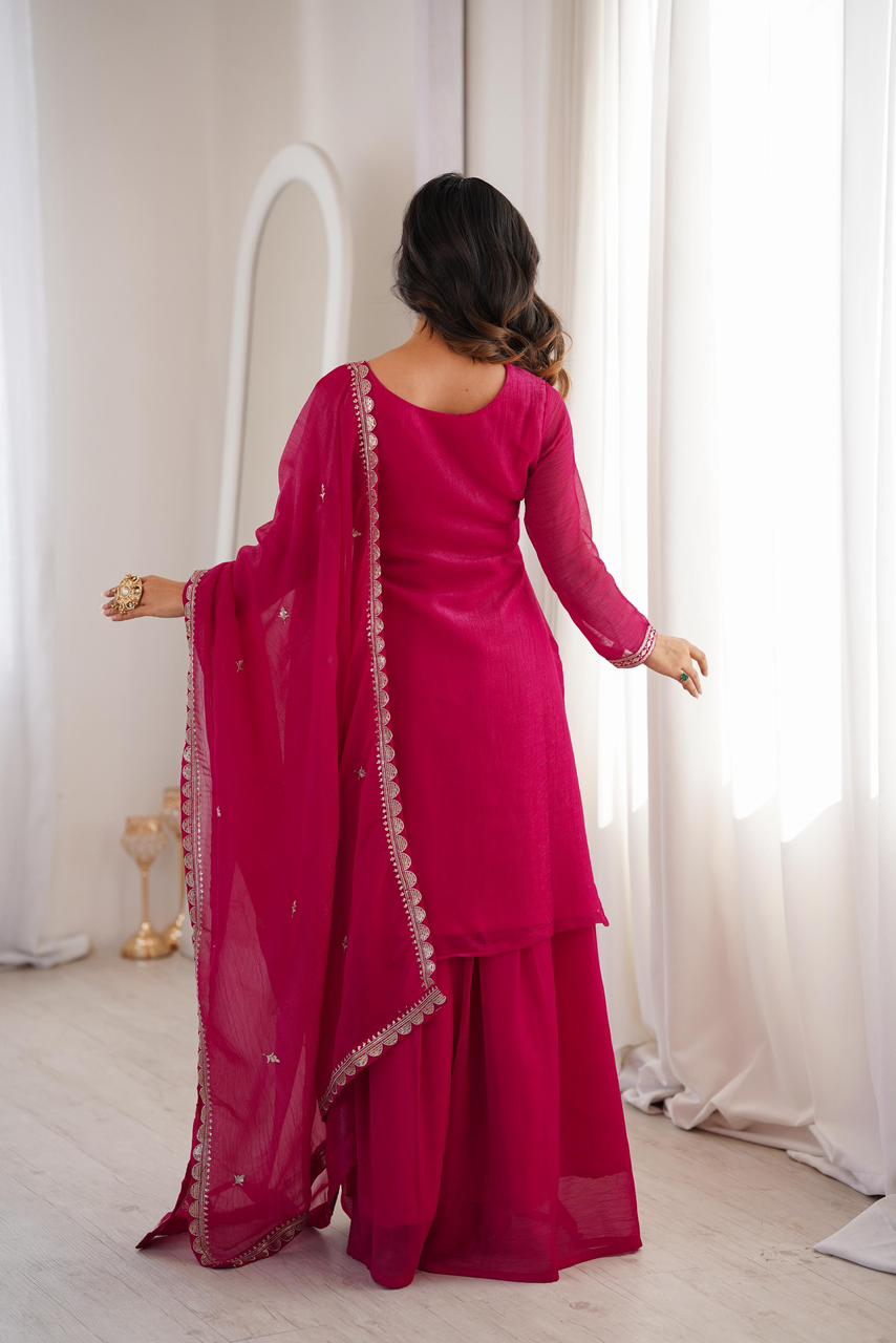 NCO 30 HKBF Crunchy Silk Embroidery Sequins And Zari Work Top Sharara With Dupatta