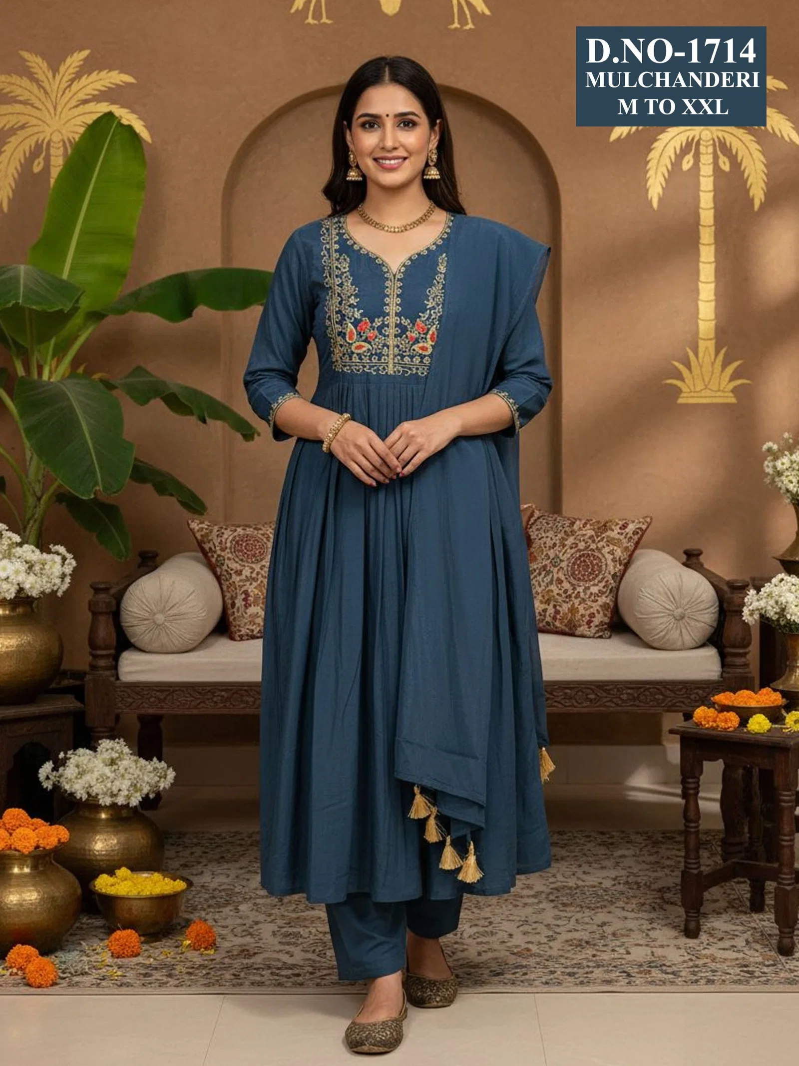 Dnp Aarti 1714 Chanderi Mul Handwork Anarkali Top With Bottom And Dupatta Collection