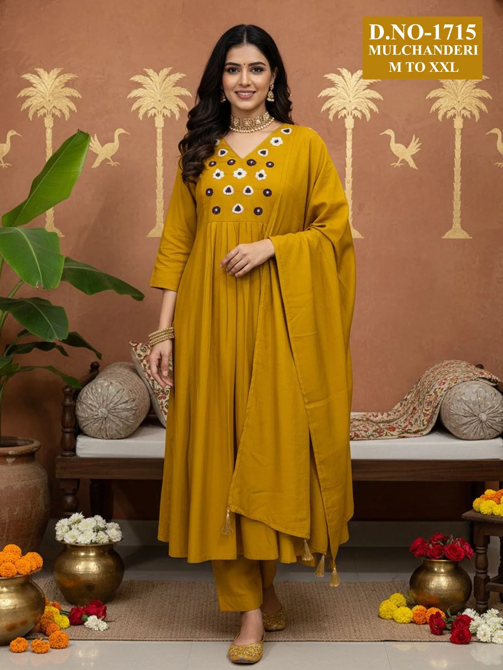 Dnp Aarti 1715 Chanderi Mul Handwork Anarkali Top With Bottom And Dupatta Collection