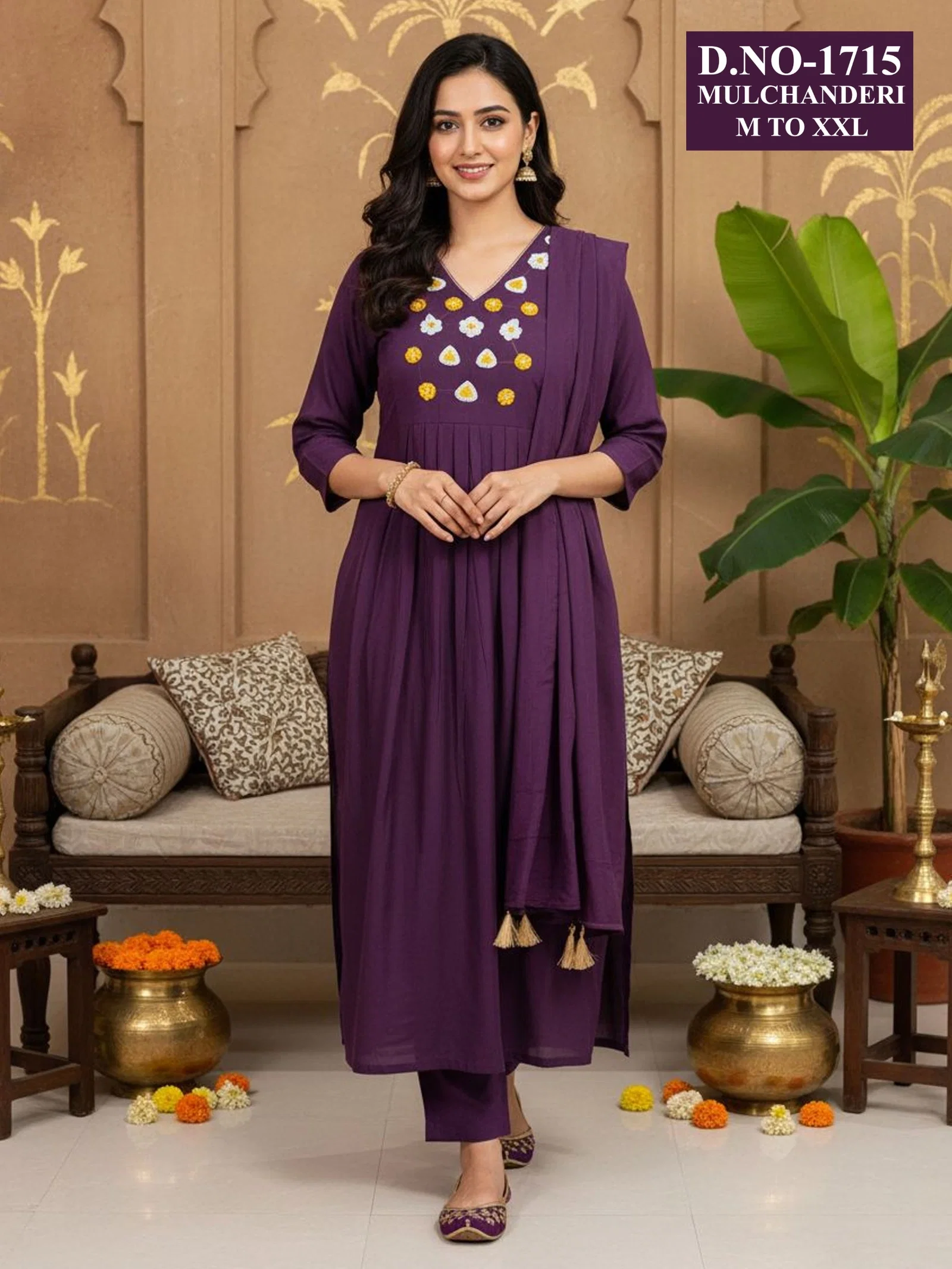 Dnp Aarti 1715 Chanderi Mul Handwork Anarkali Top With Bottom And Dupatta Collection