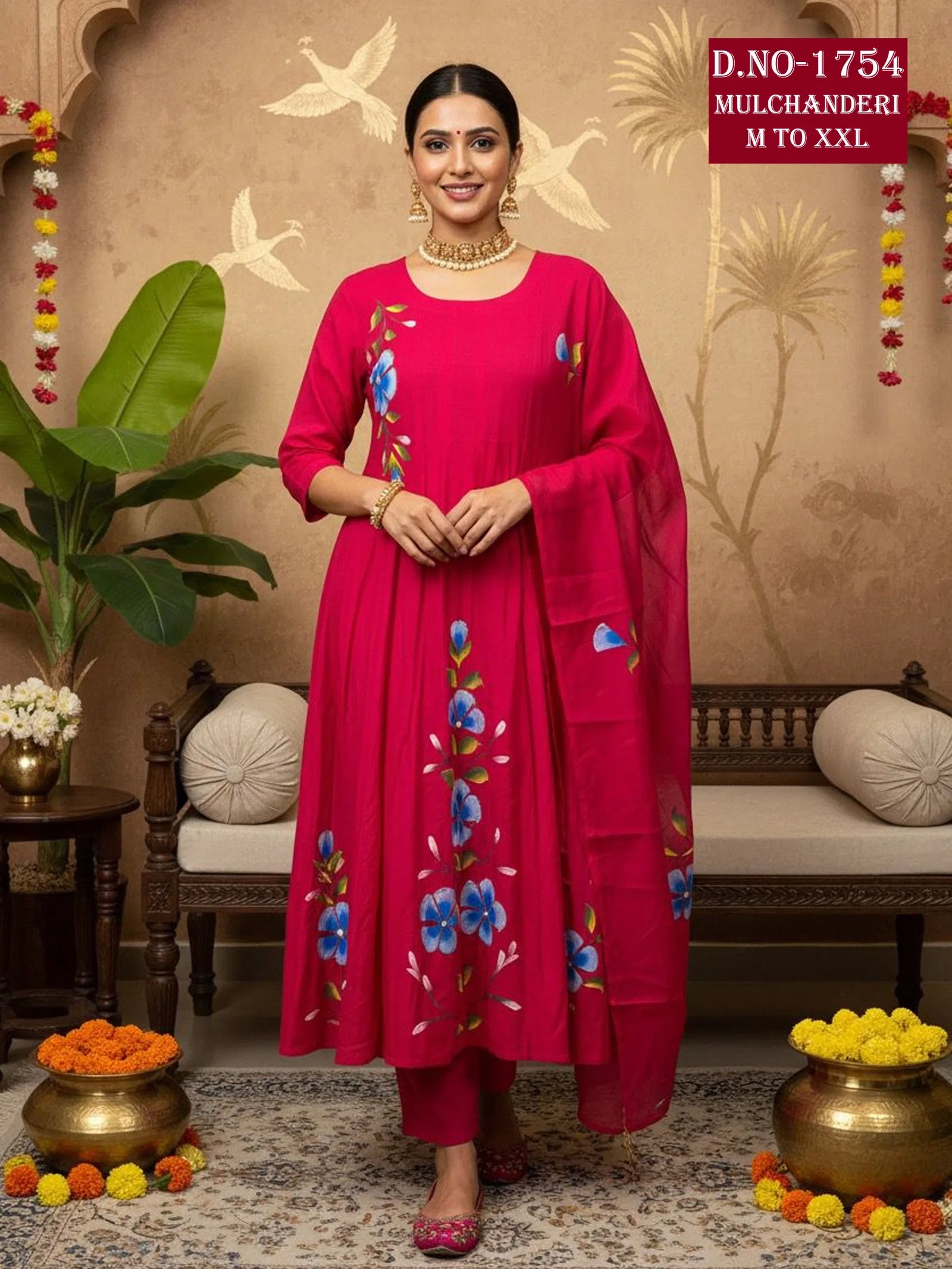 Dnp Aarti 1754 Chanderi Mul Handwork Anarkali Top With Bottom And Dupatta Collection