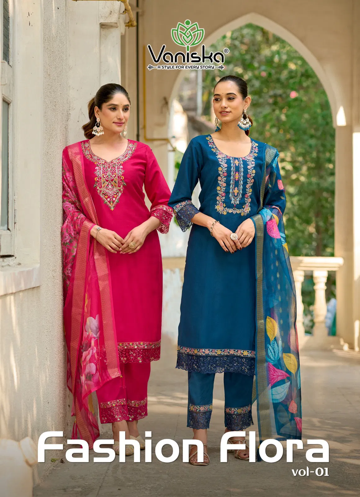 Vaniska Fashion Flora Vol 1 Barlin Silk Embroidery Top Bottom And Dupatta