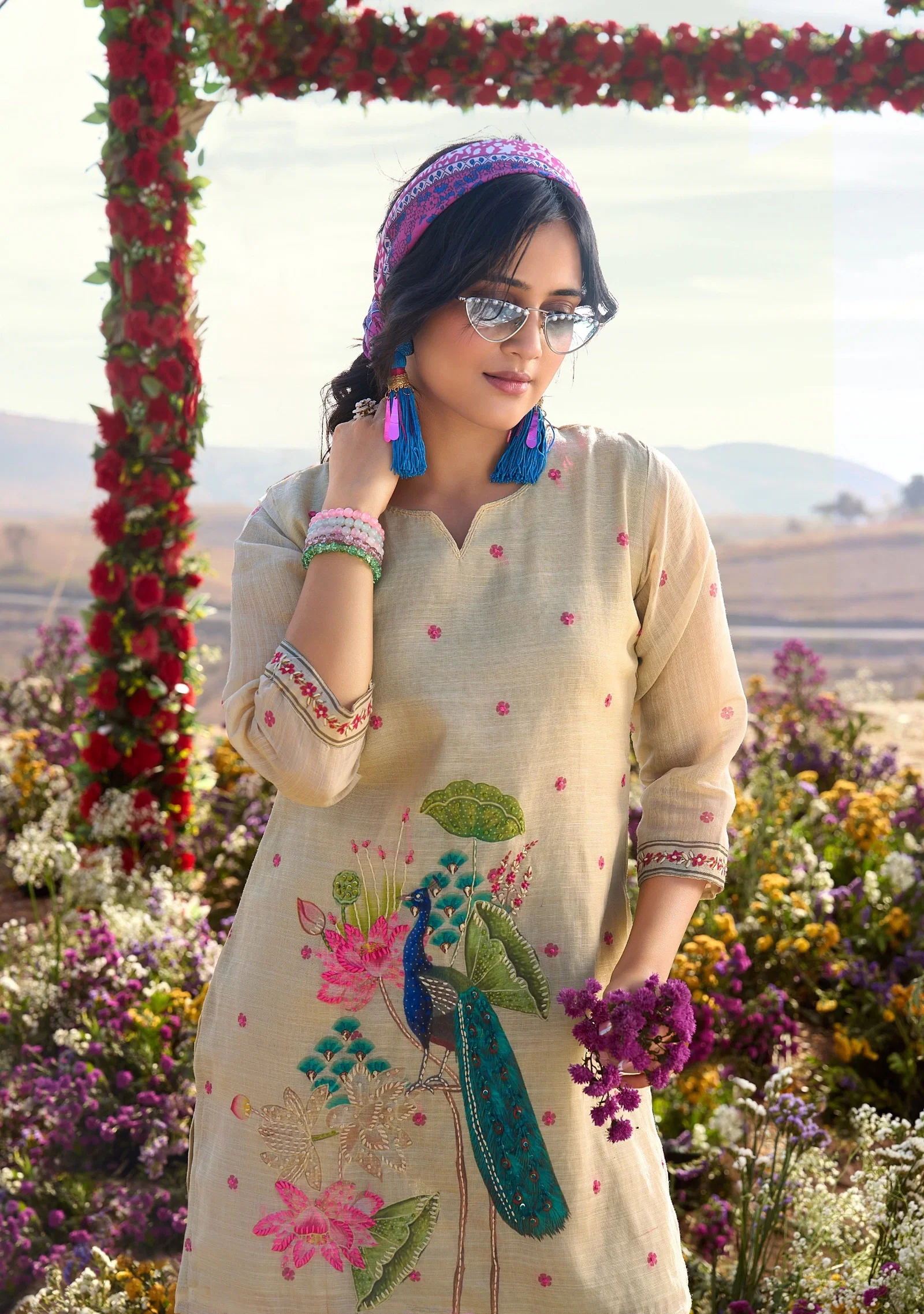 AF Royal Peacock Khadi Cotton Pure Knote Work Top With Bottom