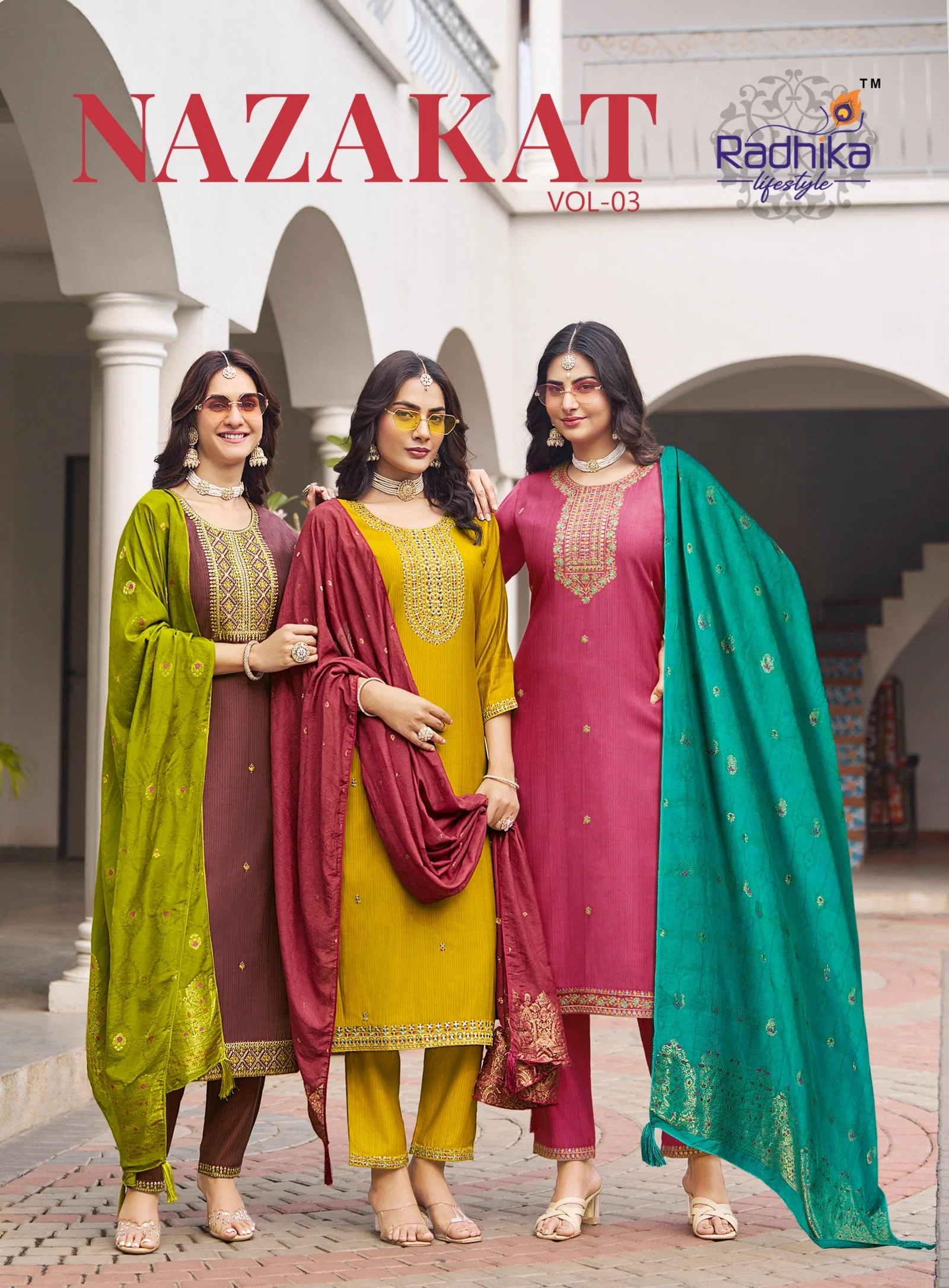 Radhika Nazakat Vol 3 Berlin Silk Muslin Straight Top With Bottom And Dupatta