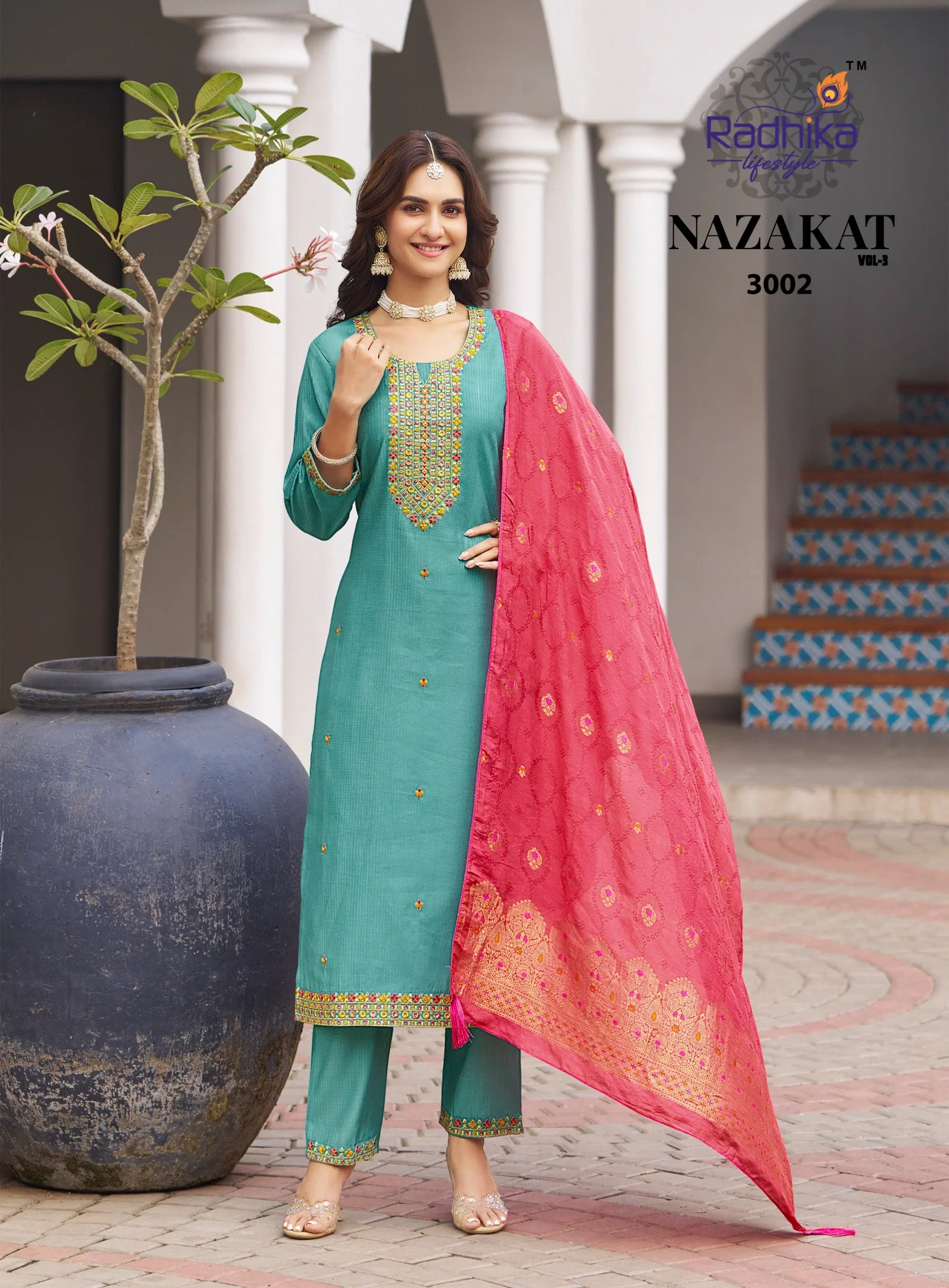 Radhika Nazakat Vol 3 Berlin Silk Muslin Straight Top With Bottom And Dupatta