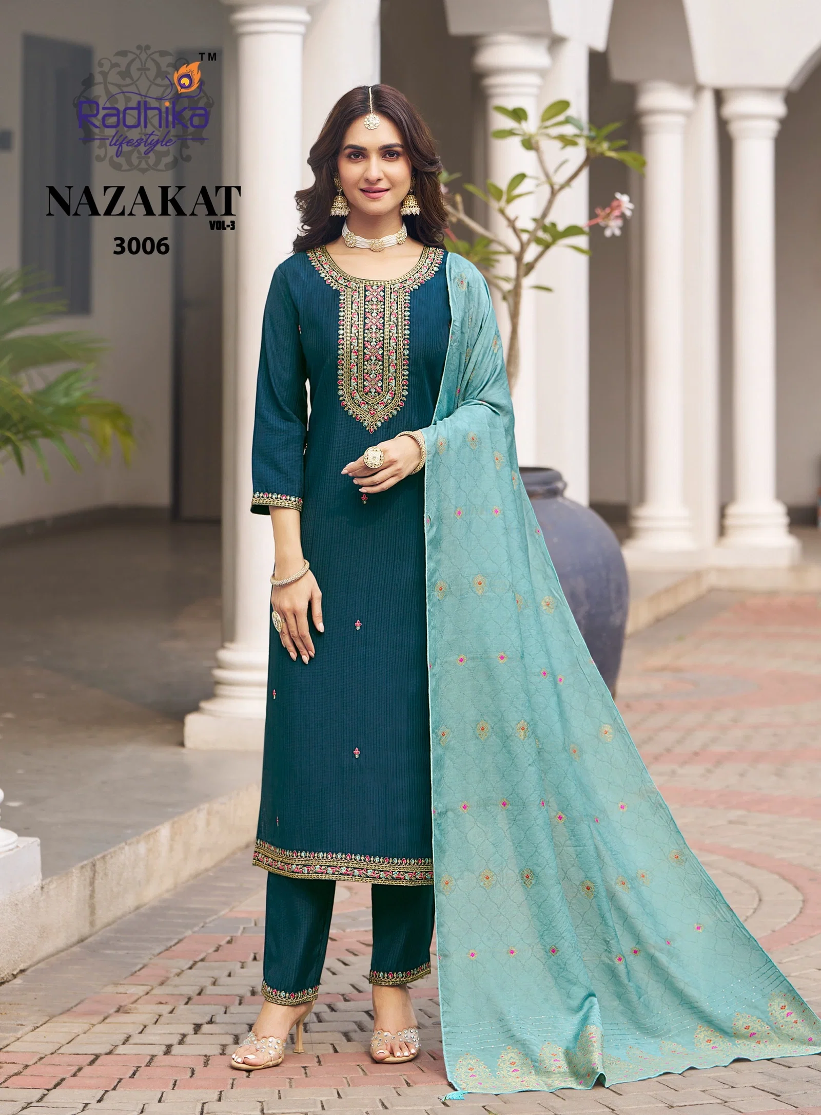 Radhika Nazakat Vol 3 Berlin Silk Muslin Straight Top With Bottom And Dupatta