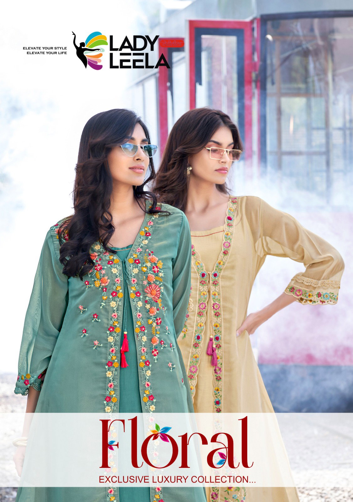 Lady Leela Floral Shimmer Organza Handwork And Embroidery Kurti With Bottom