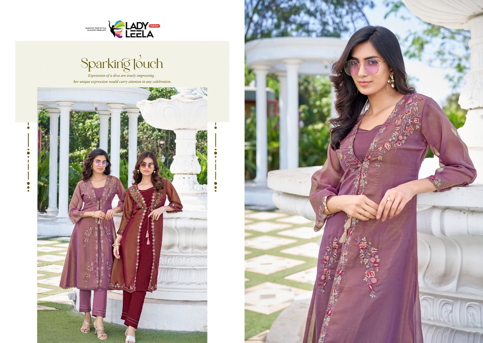 Lady Leela Floral Shimmer Organza Handwork And Embroidery Kurti With Bottom