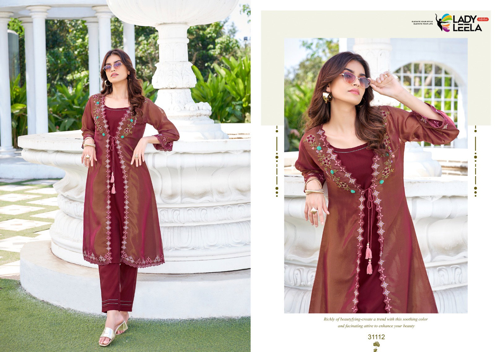 Lady Leela Floral Shimmer Organza Handwork And Embroidery Kurti With Bottom