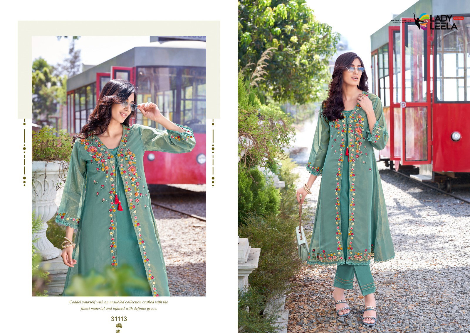 Lady Leela Floral Shimmer Organza Handwork And Embroidery Kurti With Bottom