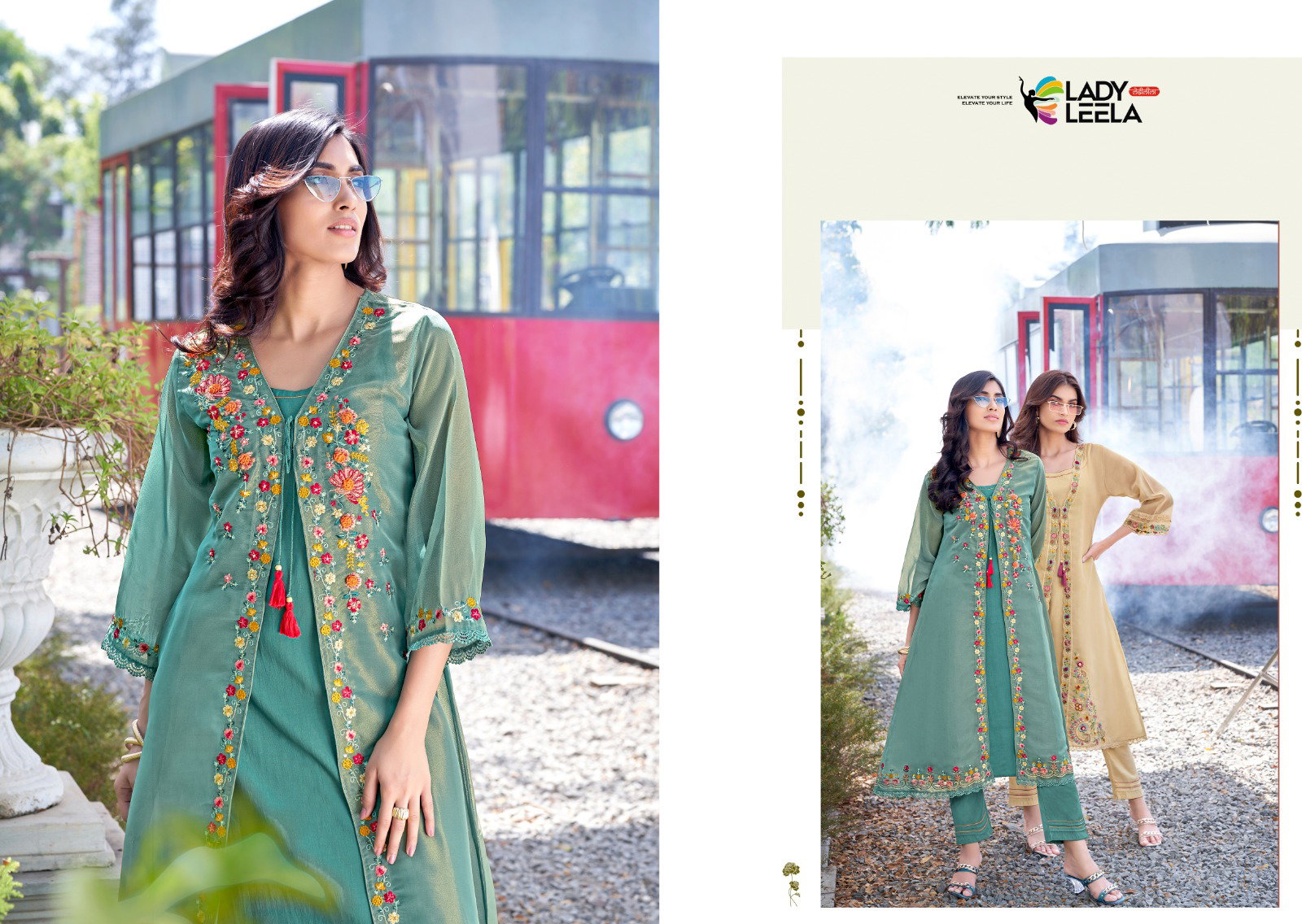 Lady Leela Floral Shimmer Organza Handwork And Embroidery Kurti With Bottom