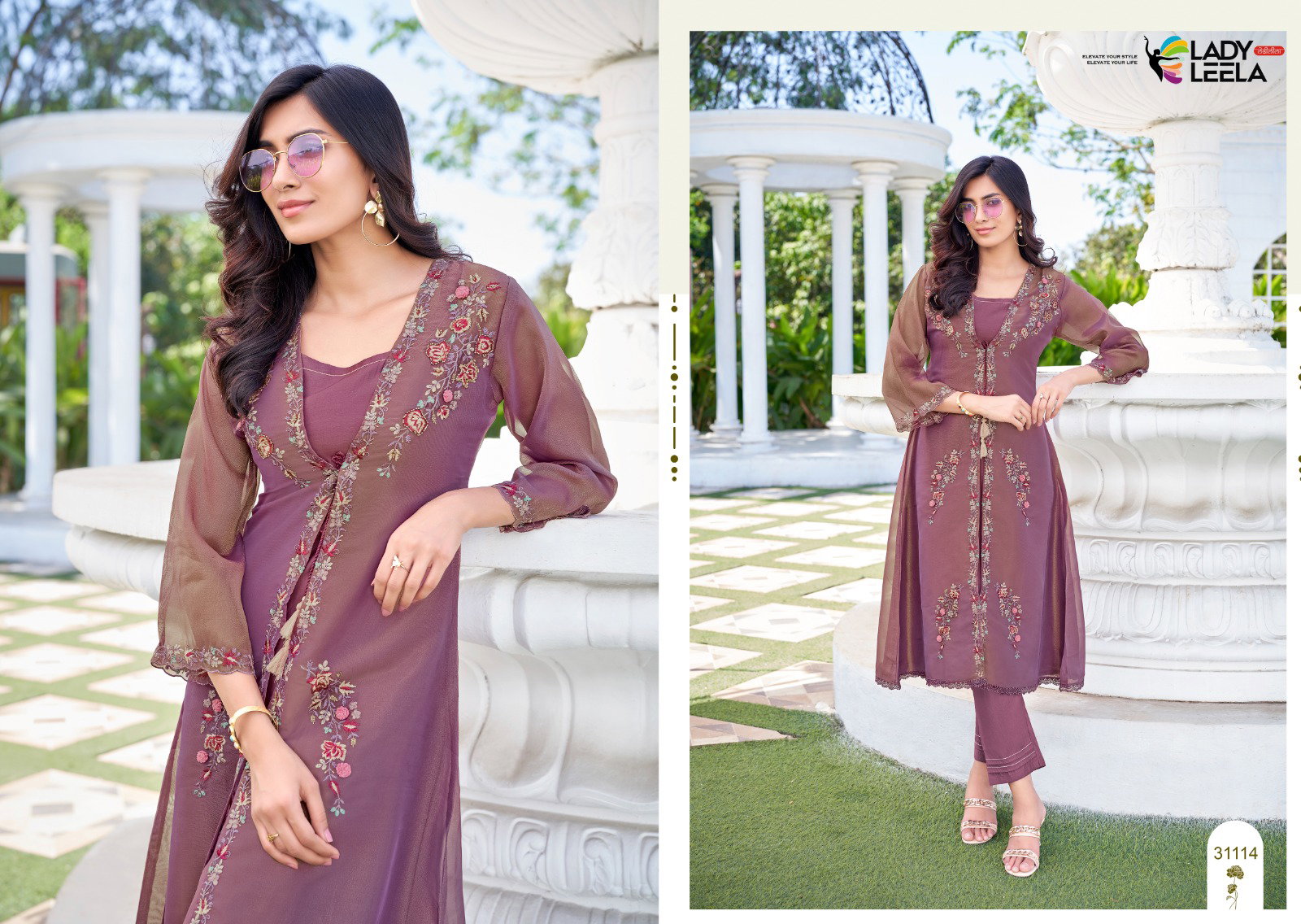 Lady Leela Floral Shimmer Organza Handwork And Embroidery Kurti With Bottom