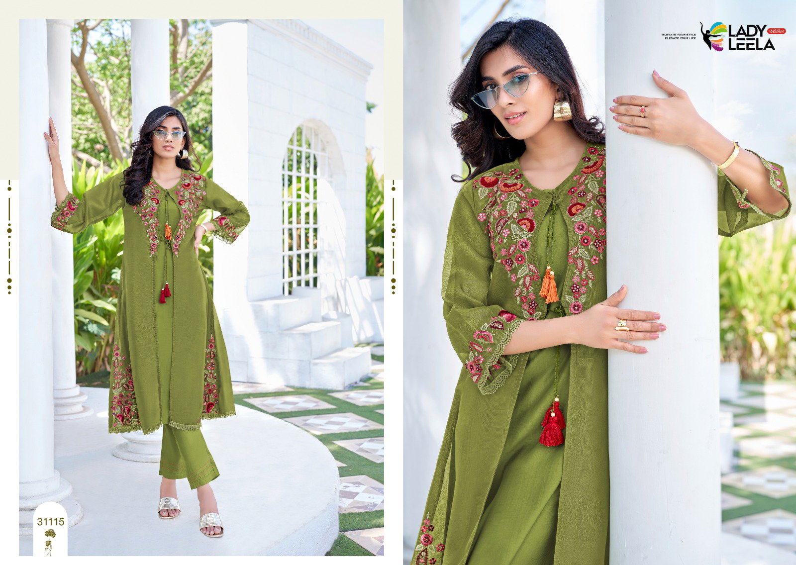 Lady Leela Floral Shimmer Organza Handwork And Embroidery Kurti With Bottom