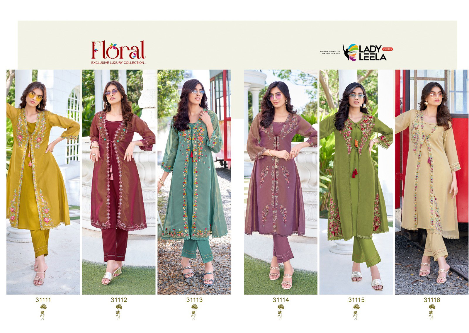 Lady Leela Floral Shimmer Organza Handwork And Embroidery Kurti With Bottom