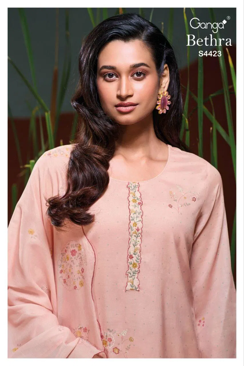 Ganga Bethra 4423 Mul Printed Hand Embroidery Work Dress Material