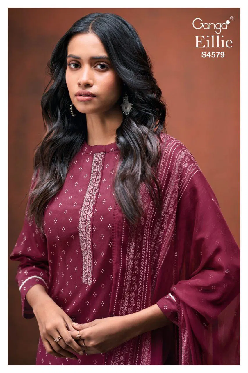 Ganga Eillie 4579 Cotton Satin Printed Embroidery Dress Material