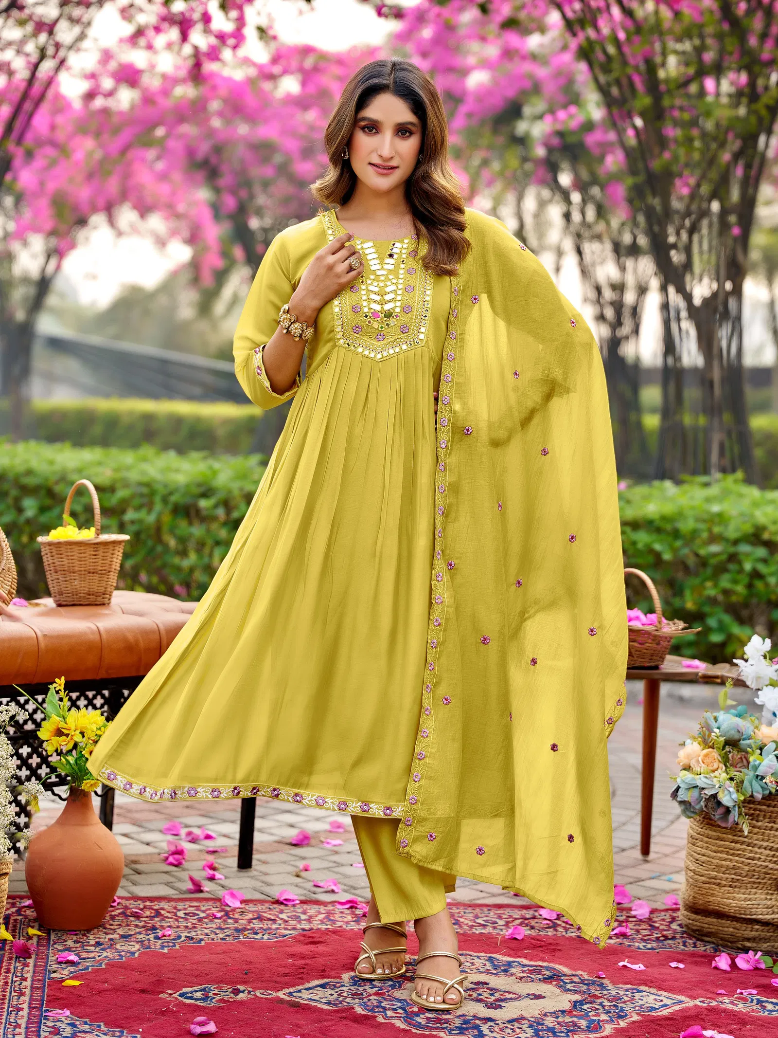 Naisha K 715 Mul Chanderi Manual Work Kurti Pant And Dupatta Collection
