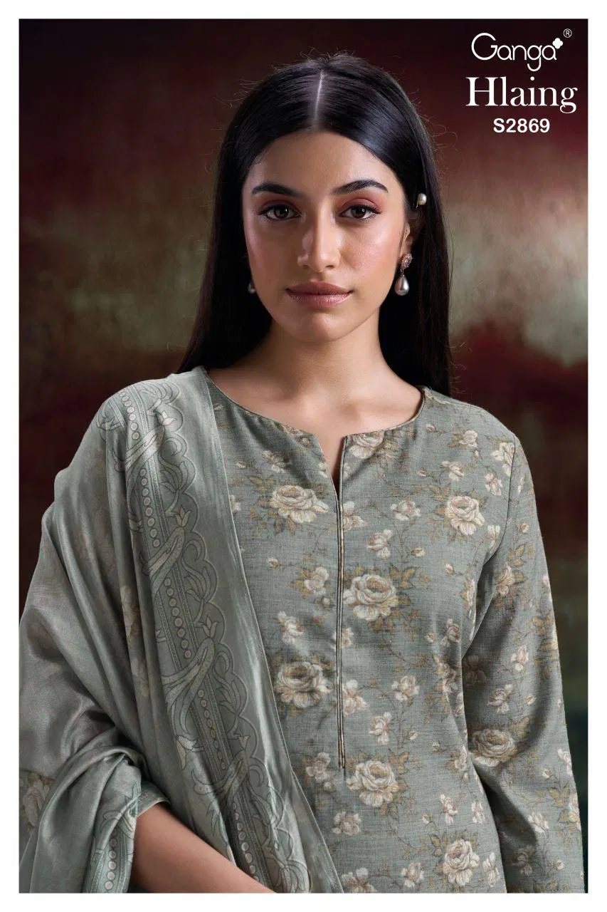 Ganga Hlaing 2869 Cotton Printed Embroidery Dress Material Collection