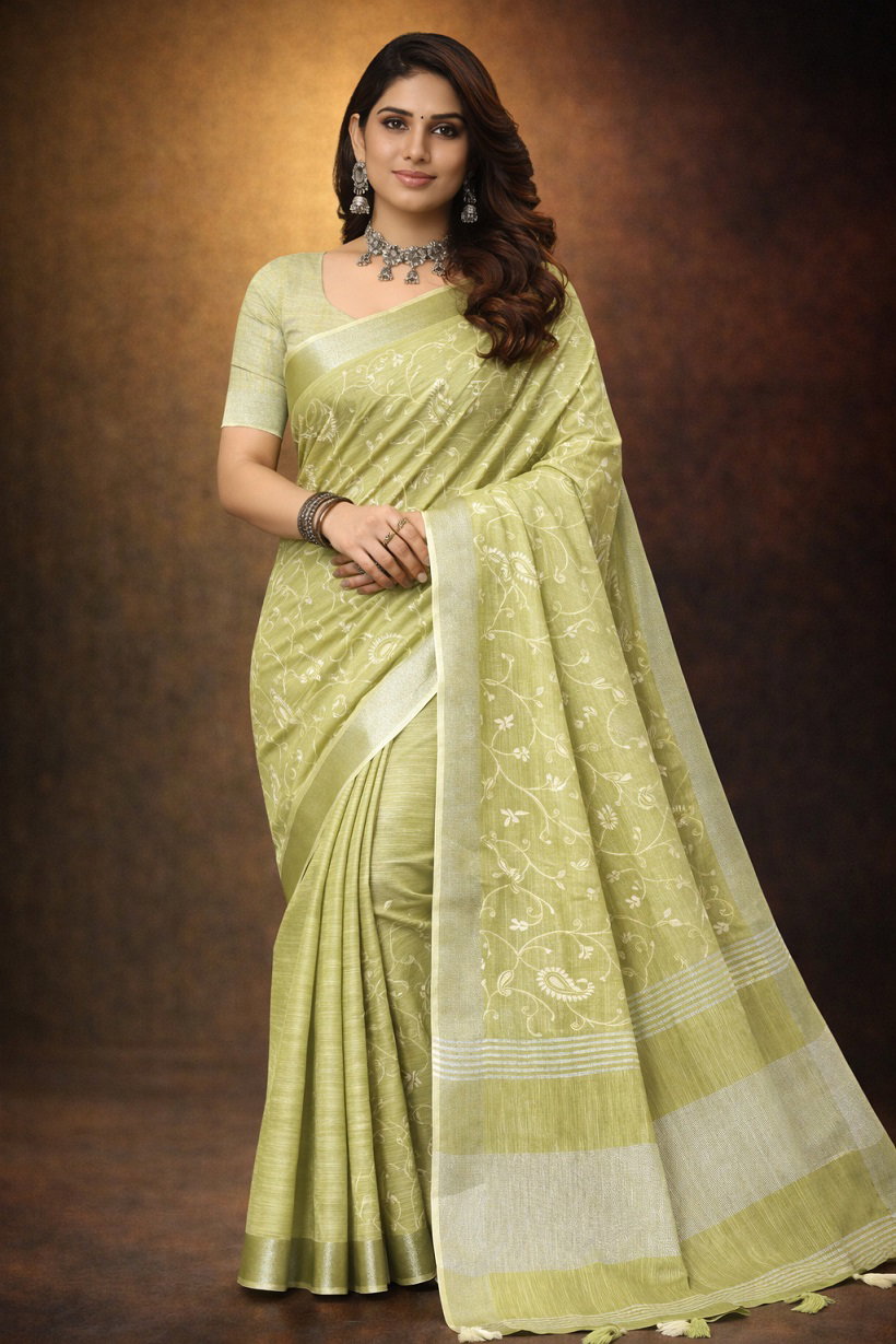 Mahek 219 Party Wear Embroidery Worked Linen Cotton Saree with Un Stitched Blouse