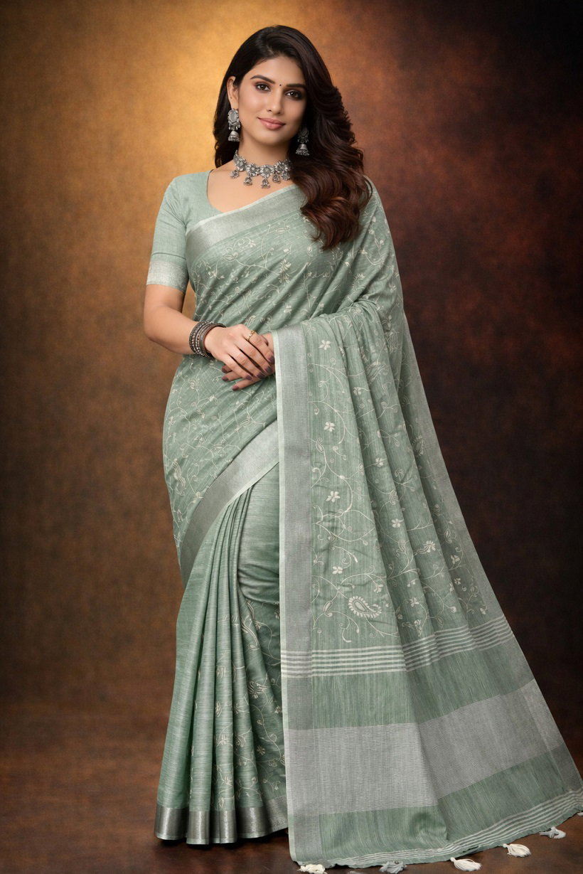 Mahek 219 Party Wear Embroidery Worked Linen Cotton Saree with Un Stitched Blouse