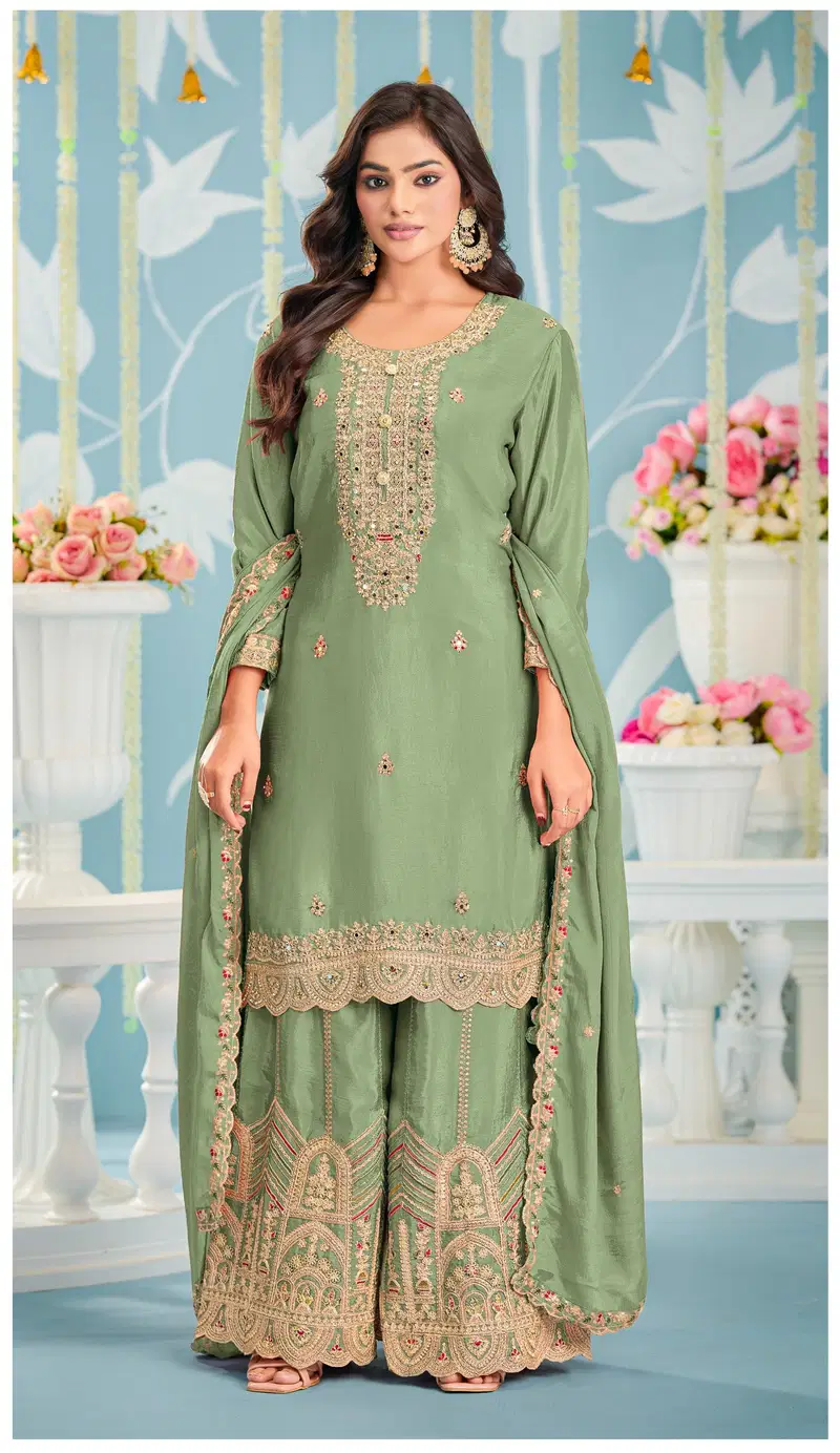 Khas 4502 A To C Chinon Silk Embroidery Work Pakistani Salwar Kameez