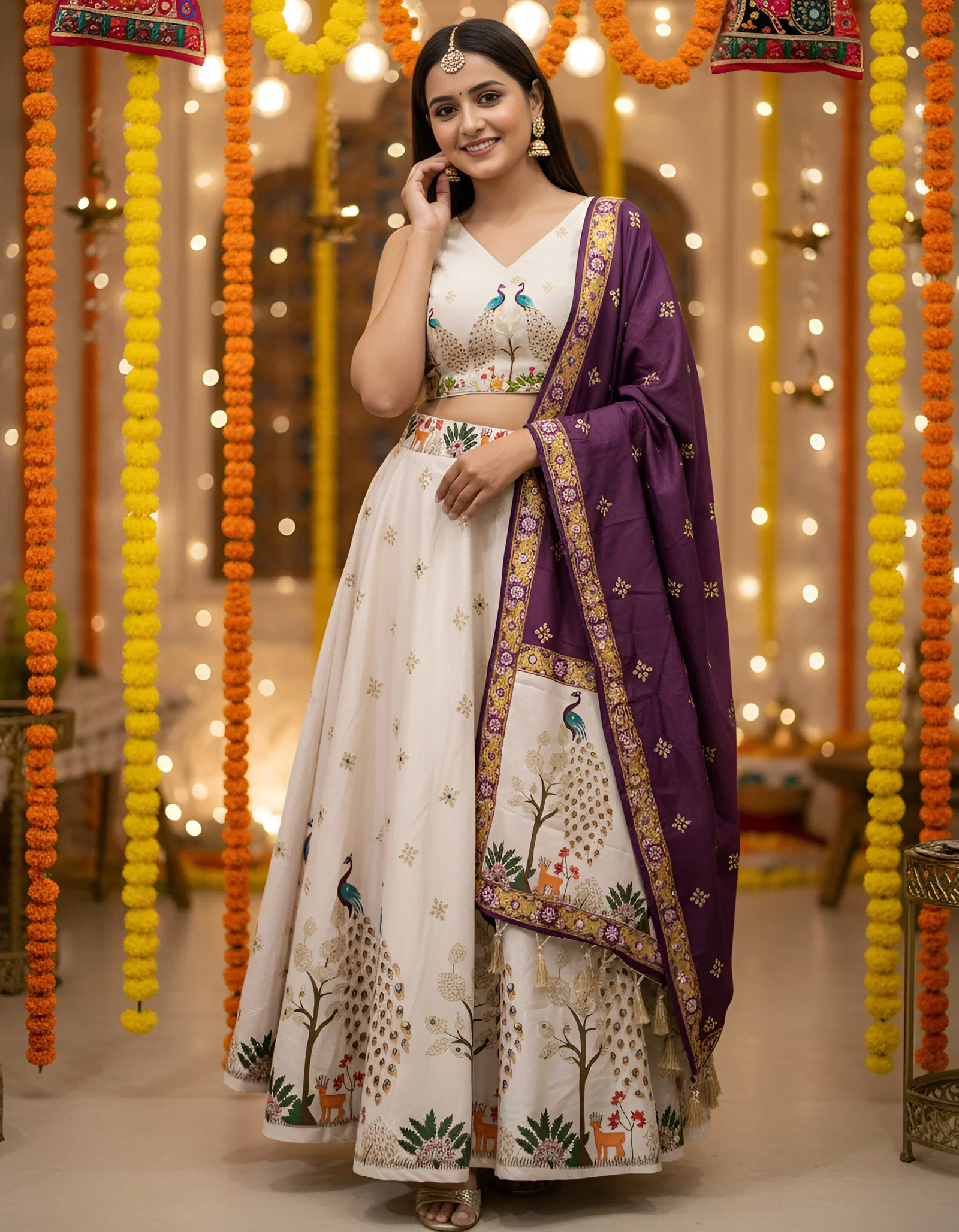James white Mor Poly Cotton Rayon Lehenga Choli Collection