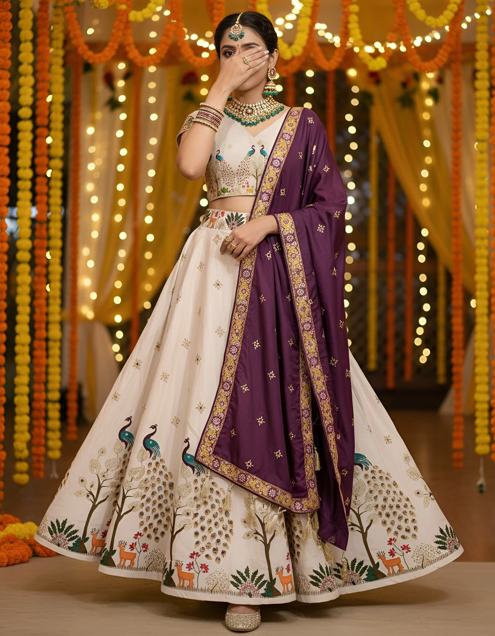 James white Mor Poly Cotton Rayon Lehenga Choli Collection