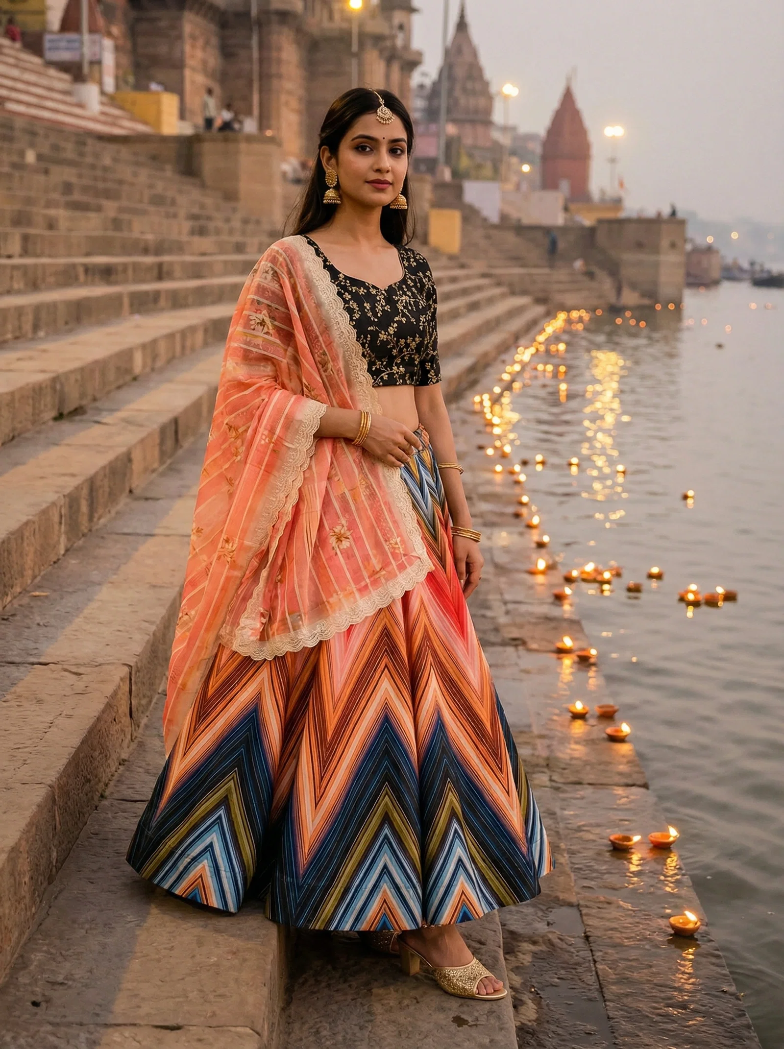 James Black and Orange Line Shiny Pure Heavy Satin Silk Lehenga